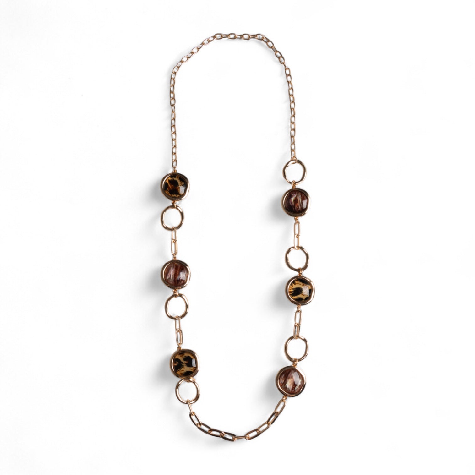 Collana lunga a catena con inserti circolari in acrilico leopardato tono beige - Mya Accessories