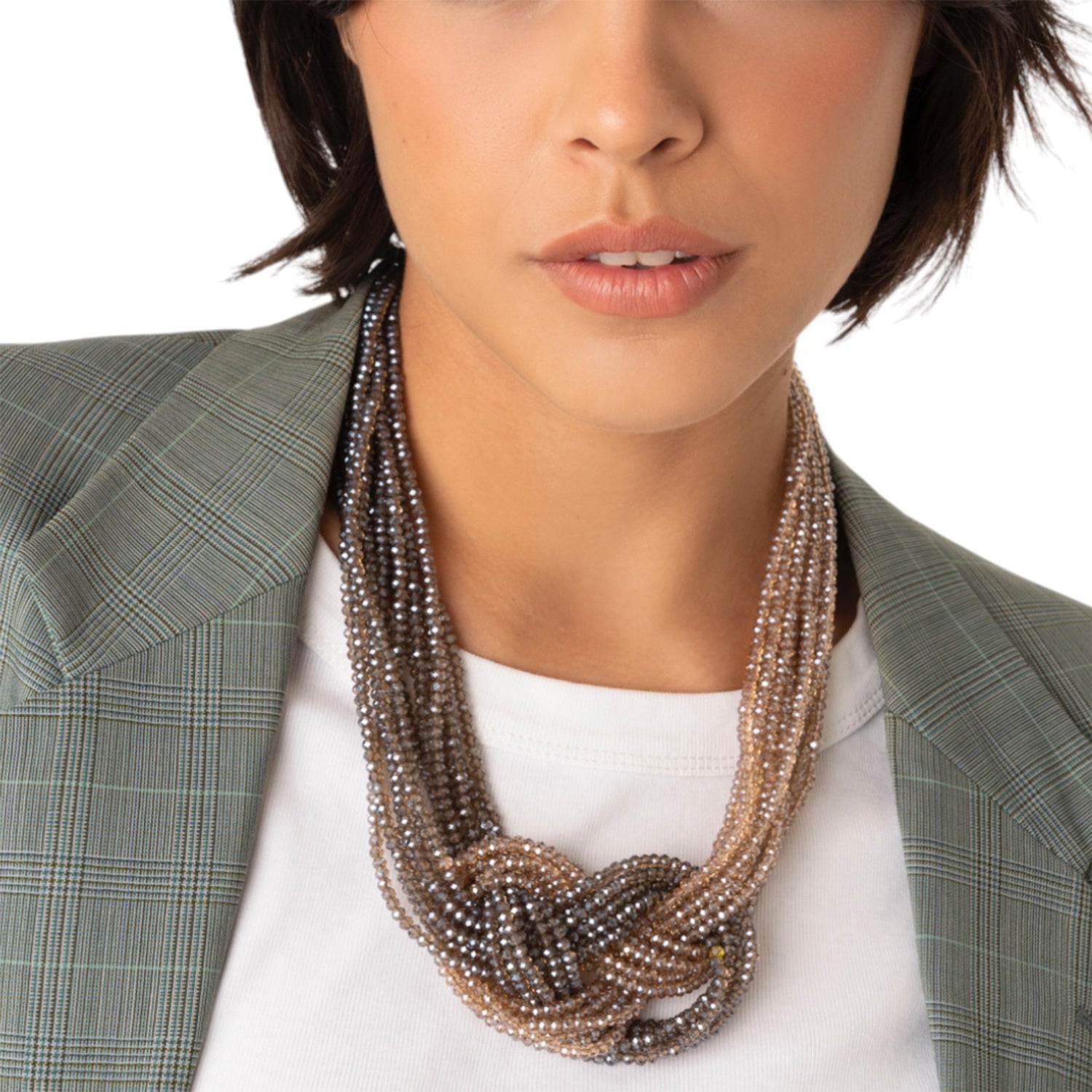 Collana girocollo multifilo di microcristalli con nodo tono beige e grigio - Mya Accessories