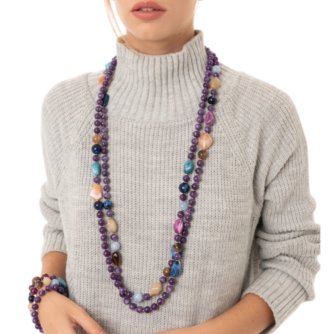 Collana lunga con pietre in acrilico e vetro tono viola - Mya Accessories