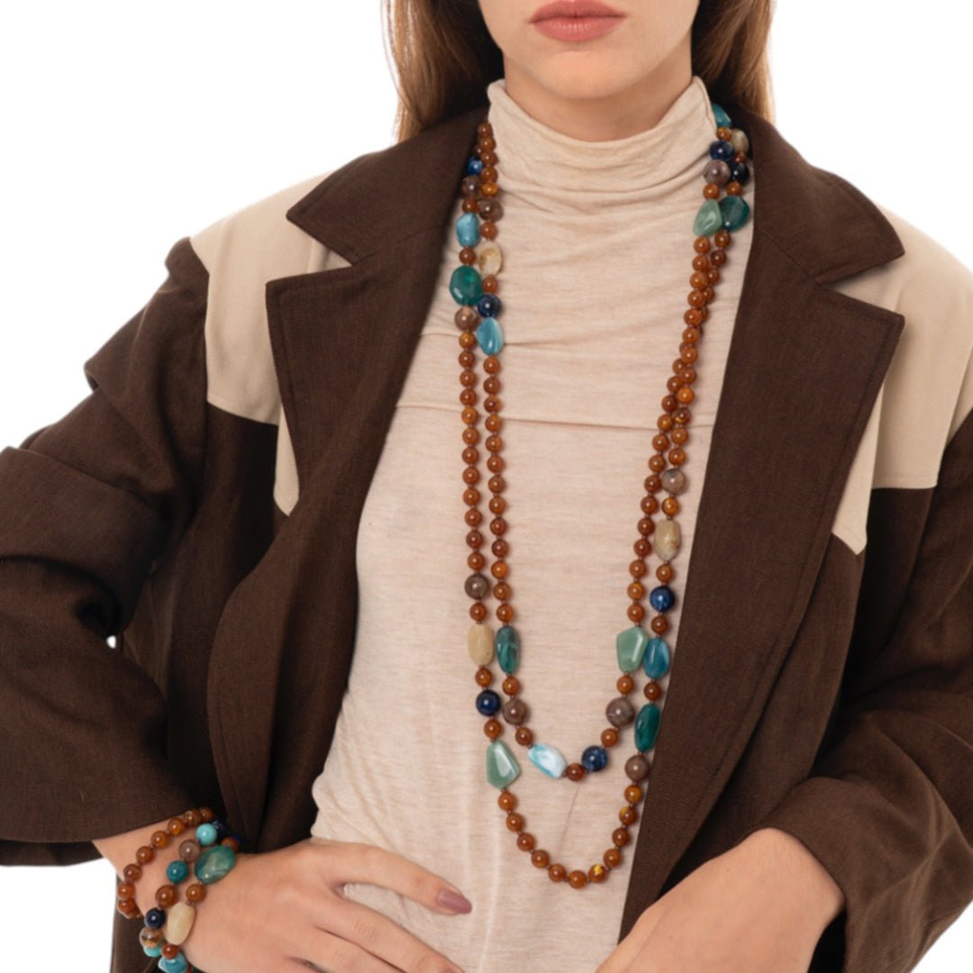 Collana lunga con pietre in acrilico e vetro tono marrone - Mya Accessories