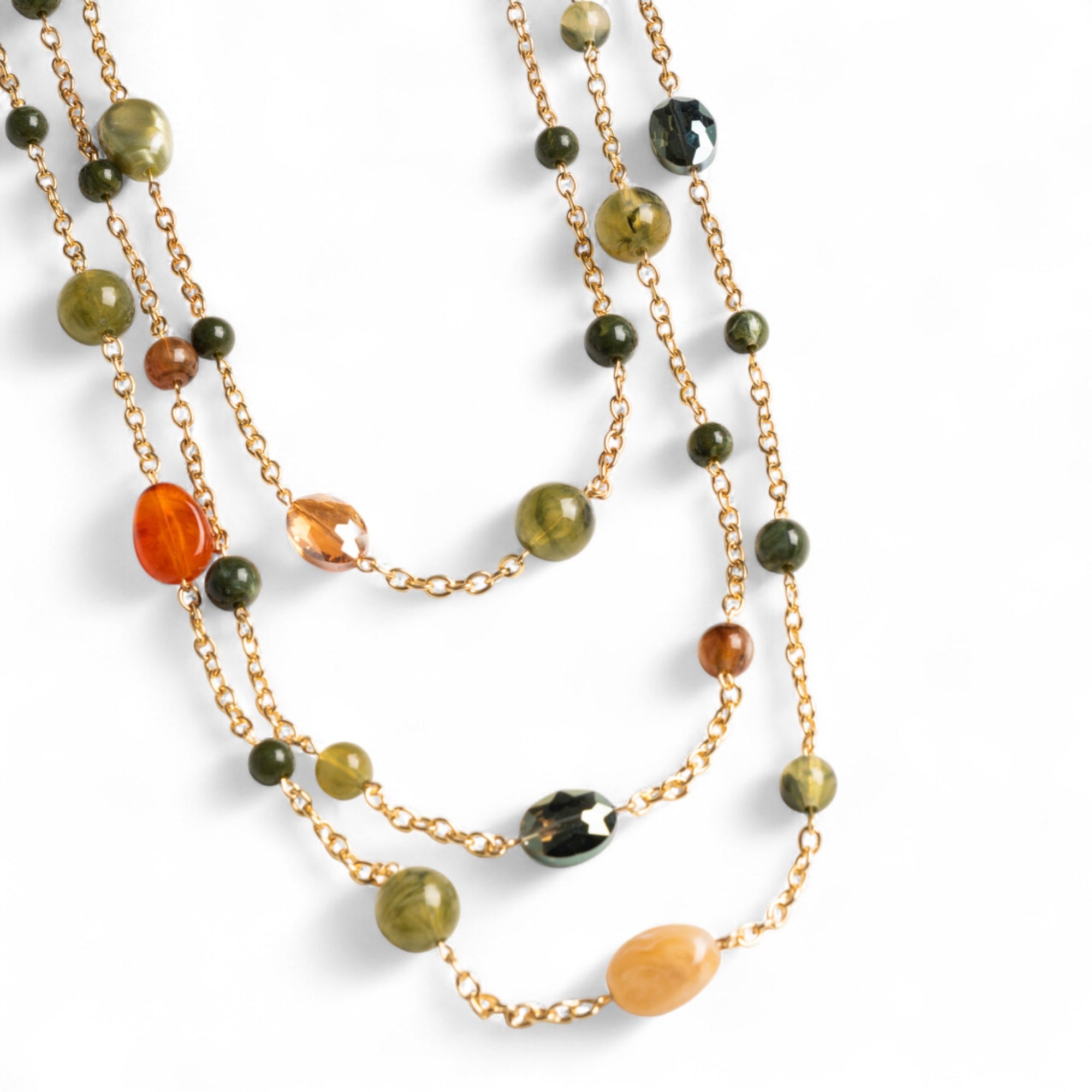 Collana lunga multifilo a catena con pietre in acrilico e vetro tono verde - Mya Accessories