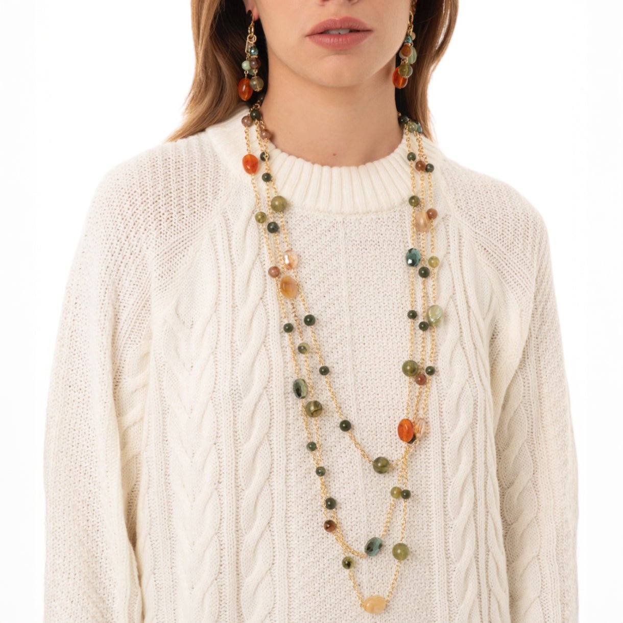 Collana lunga multifilo a catena con pietre in acrilico e vetro tono verde - Mya Accessories