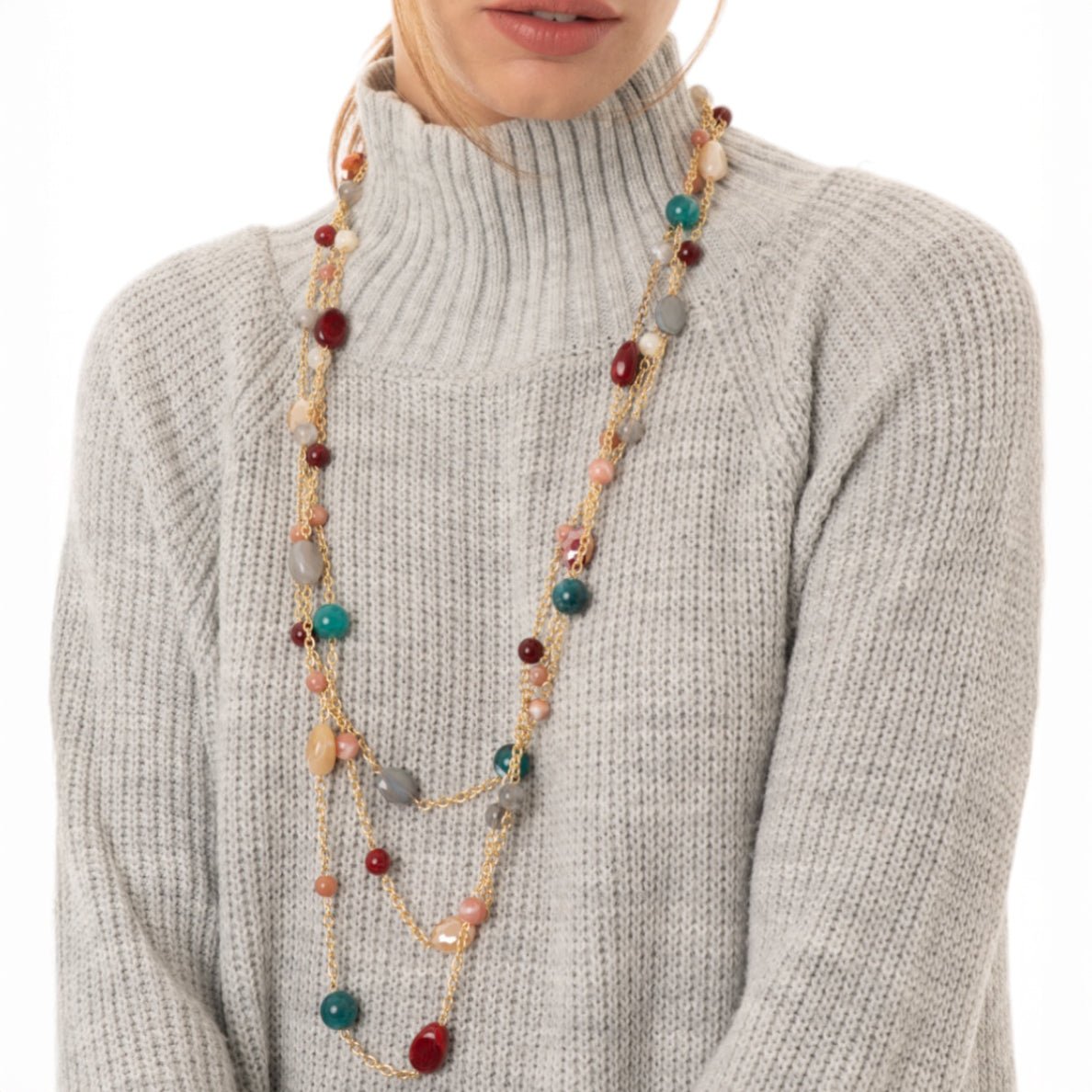 Collana lunga multifilo a catena con pietre in acrilico e vetro multicolore - Mya Accessories