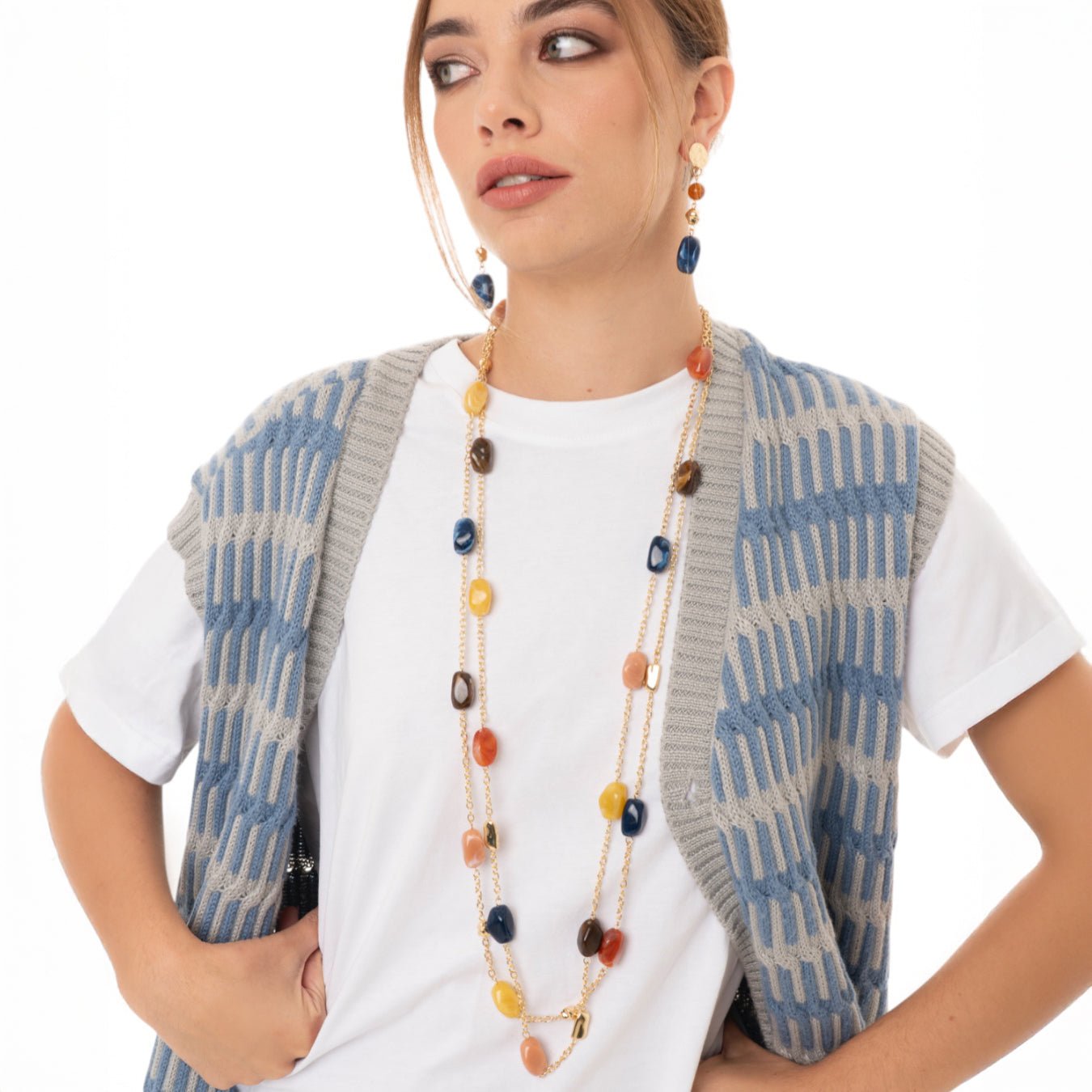 Collana multifilo a catena con pietre in acrilico multi blu - Mya Accessories