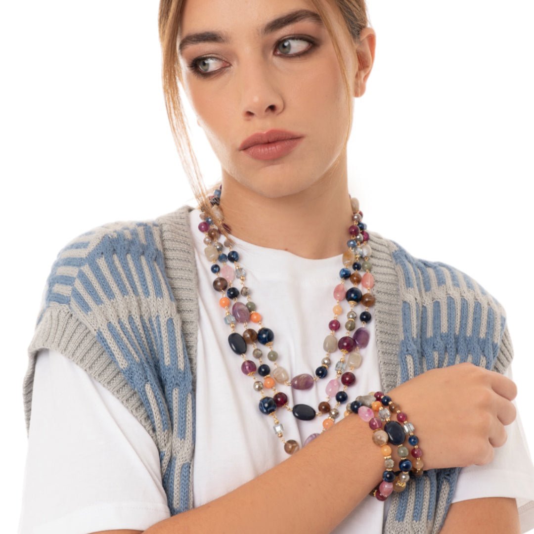 Collana a tre fili con pietre in acrilico e vetro tono viola/blu - Mya Accessories