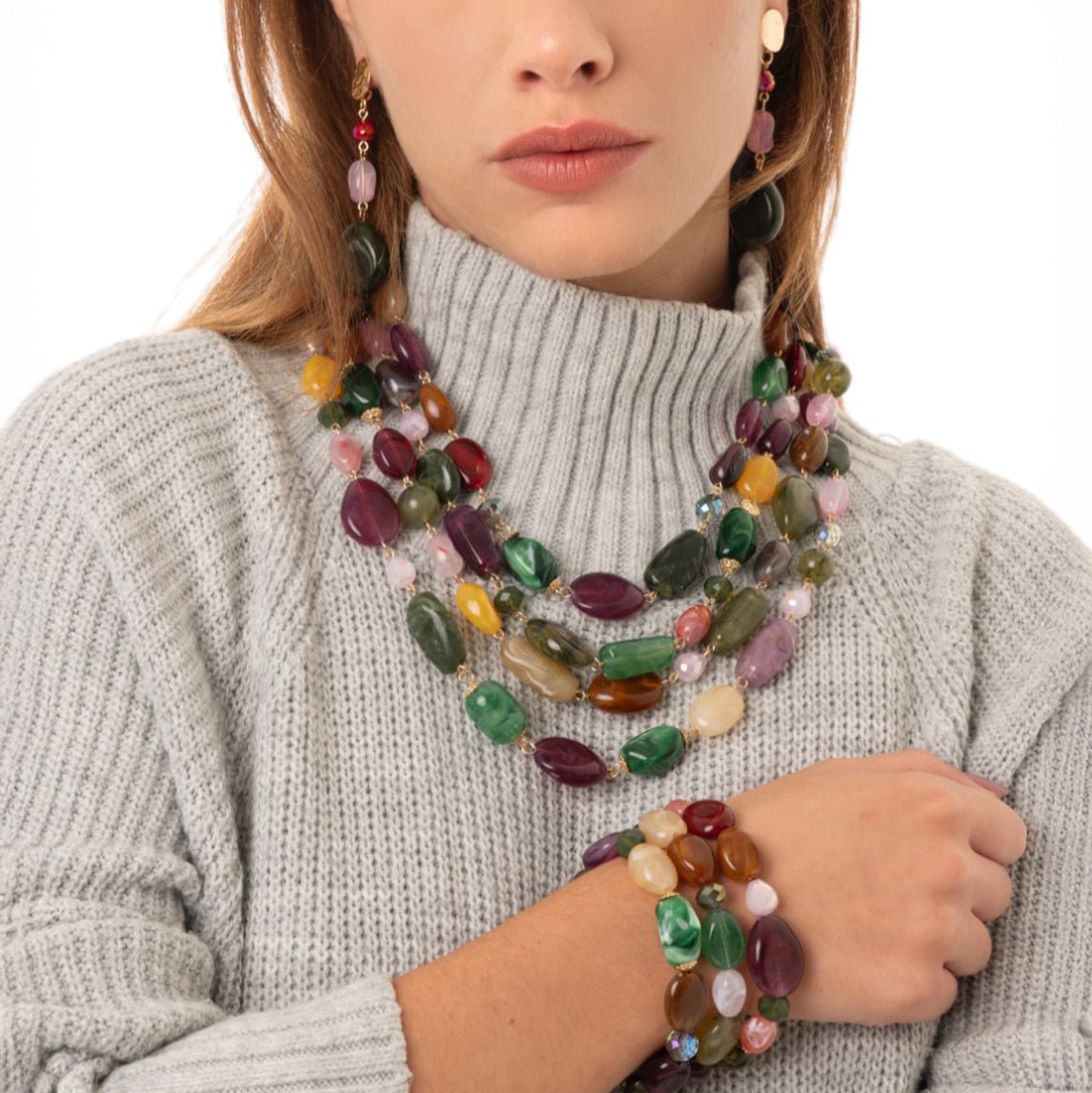 Collana girocollo multifilo con pietre in acrilico e vetro multicolore - Mya Accessories