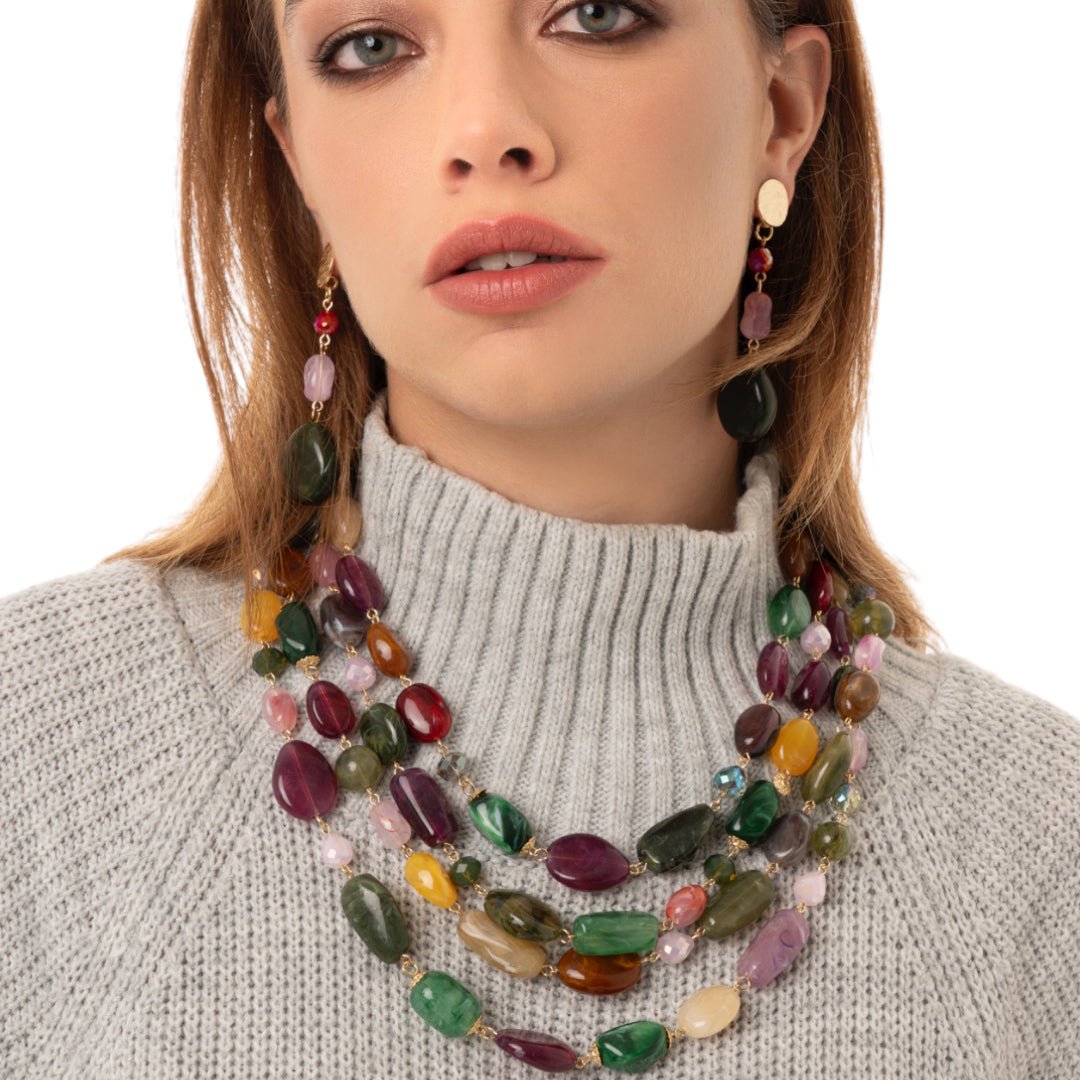 Collana girocollo multifilo con pietre in acrilico e vetro multicolore - Mya Accessories