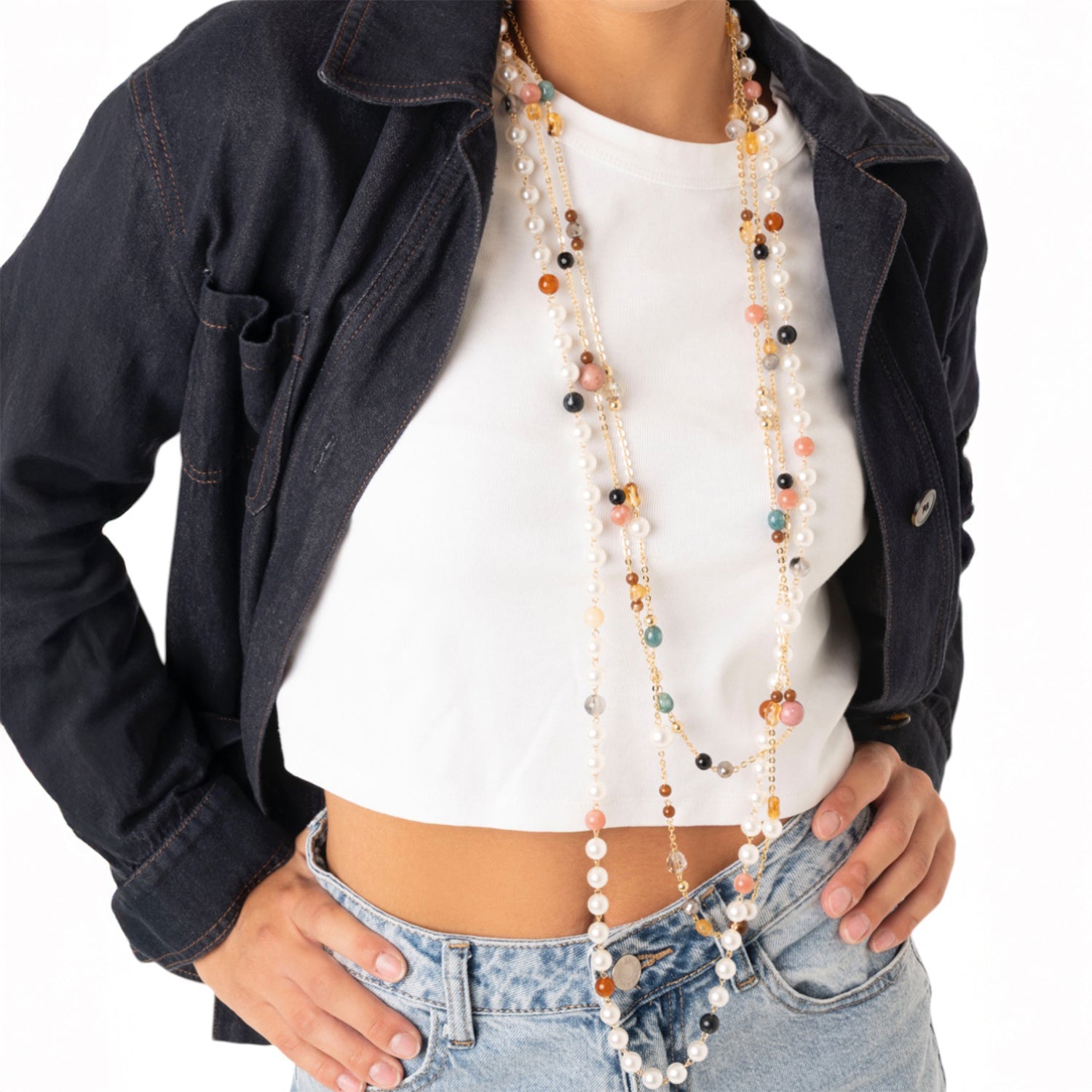 Collana lunga a catena multifilo con pietre in acrilico e vetro multi rosa - Mya Accessories