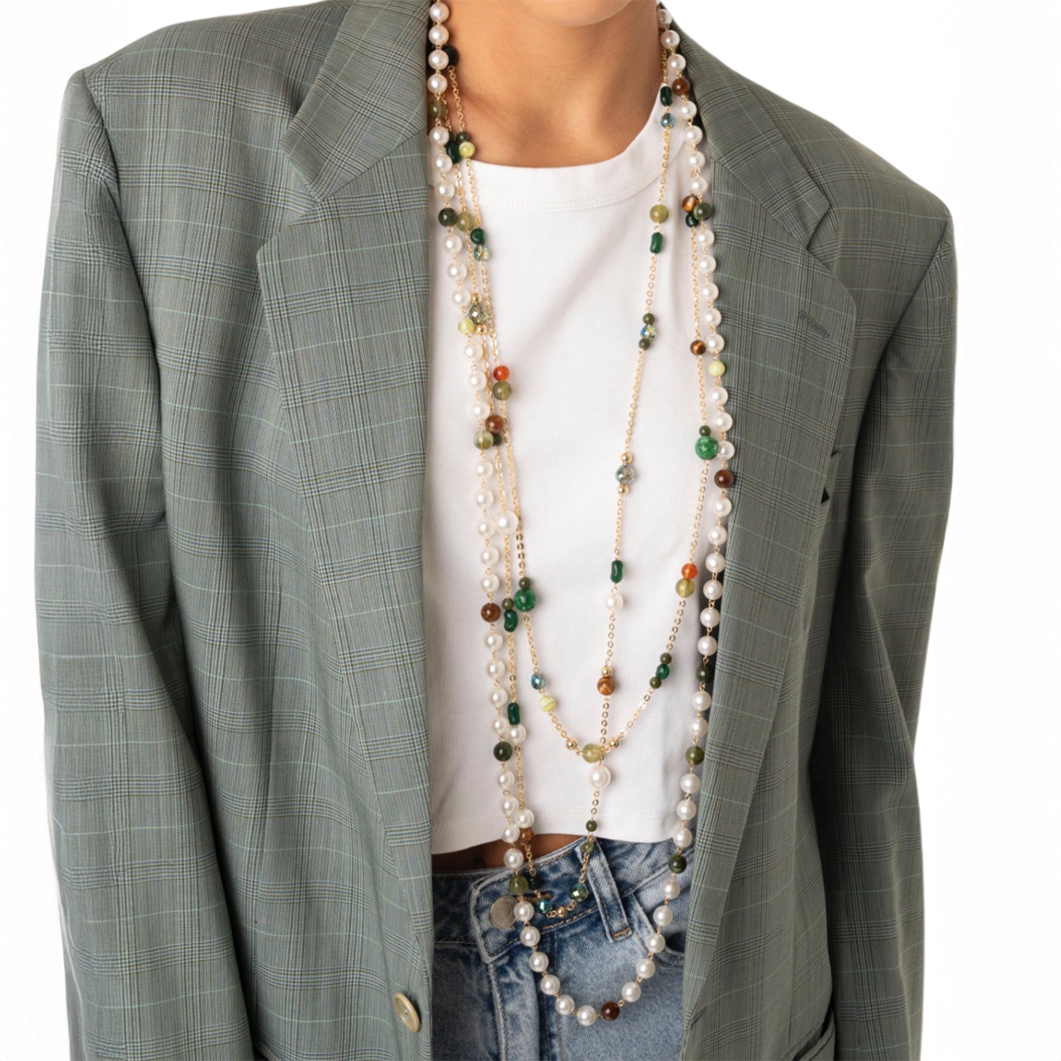 Collana lunga a catena multifilo con pietre in acrilico e vetro multi verde - Mya Accessories