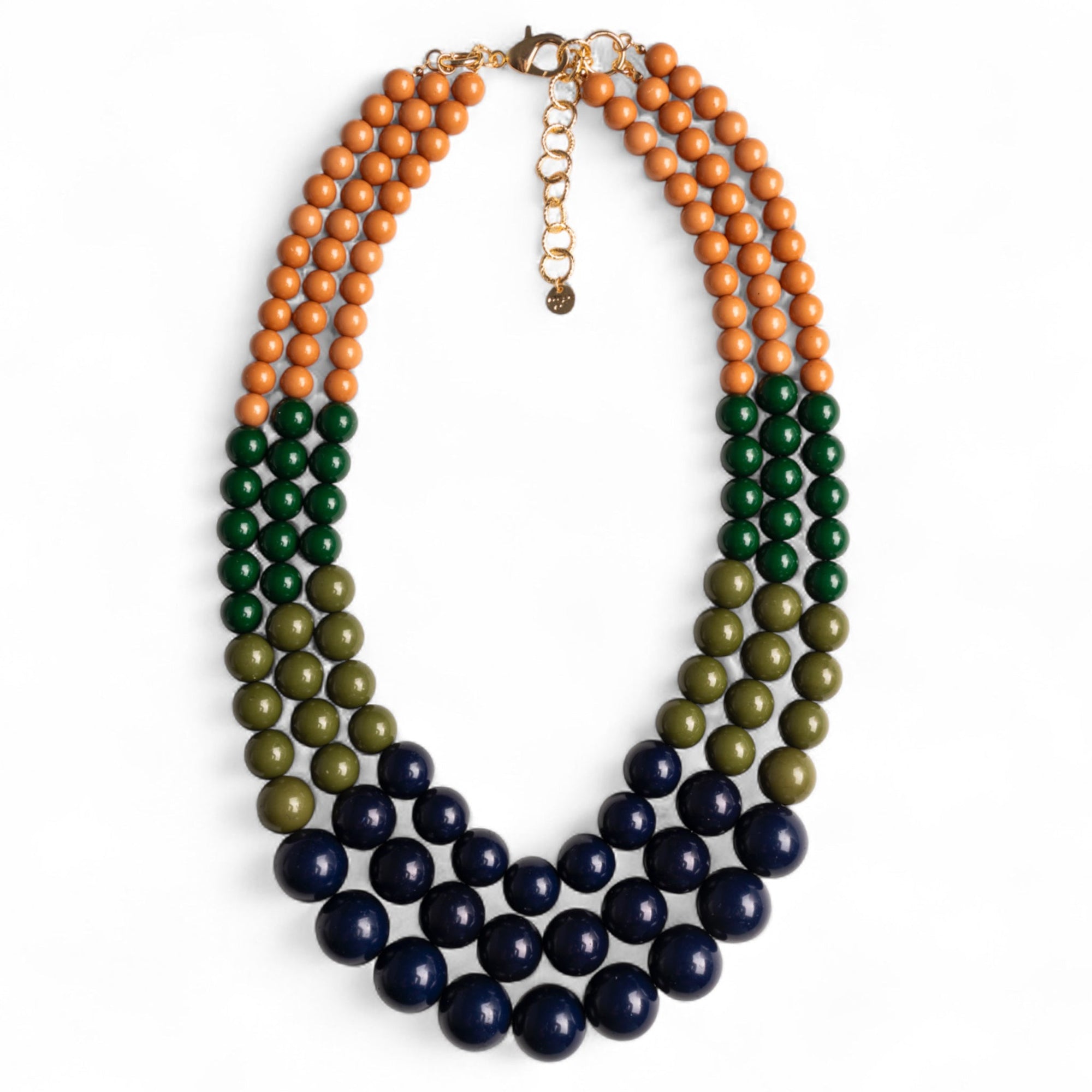 Collana a tre fili con sfere in acrilico blu, verde e senape - Mya Accessories
