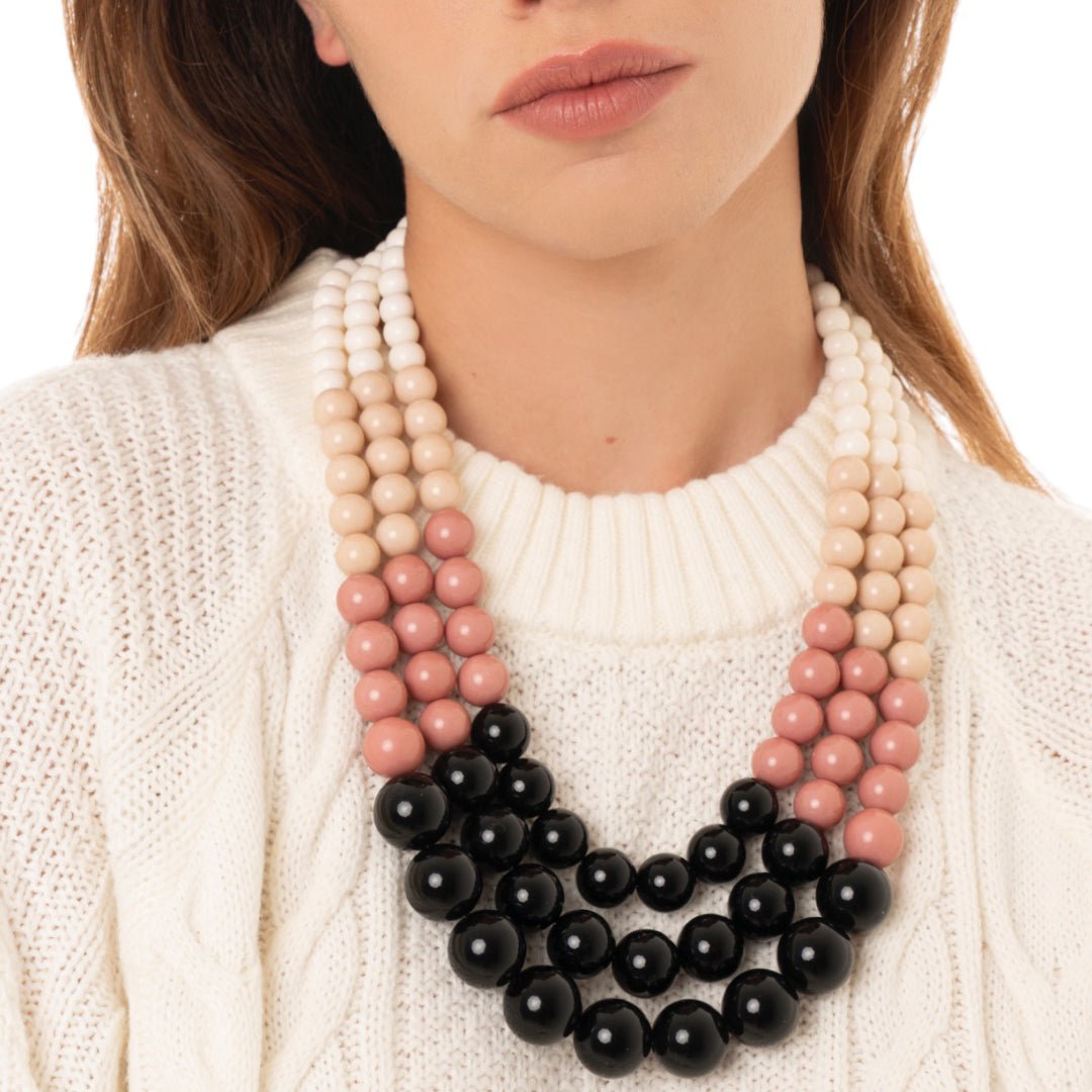 Collana a tre fili con sfere in acrilico nere, rosa e bianche - Mya Accessories