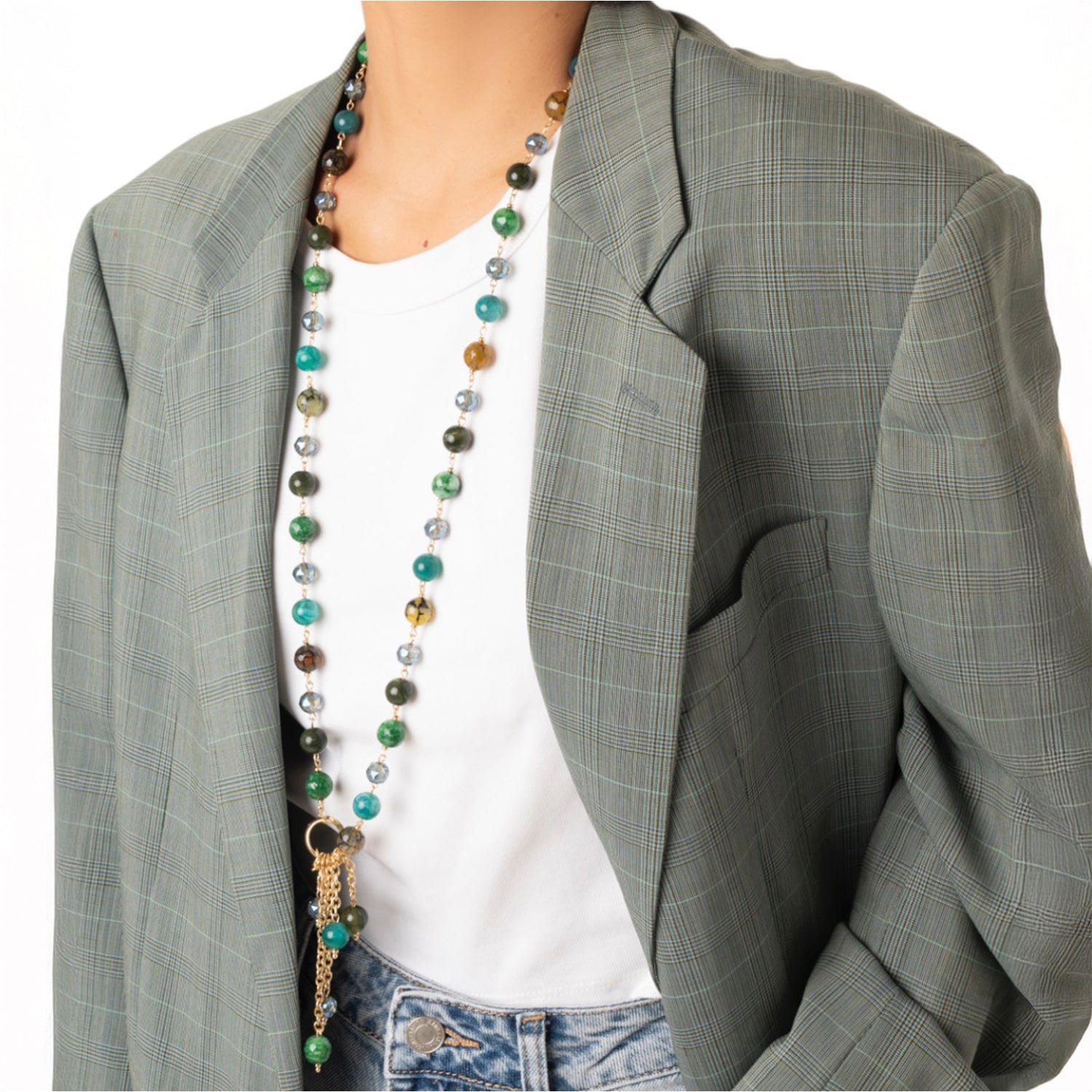 Collana lunga con pietre semidure e vetro tono verde con pendente - Mya Accessories