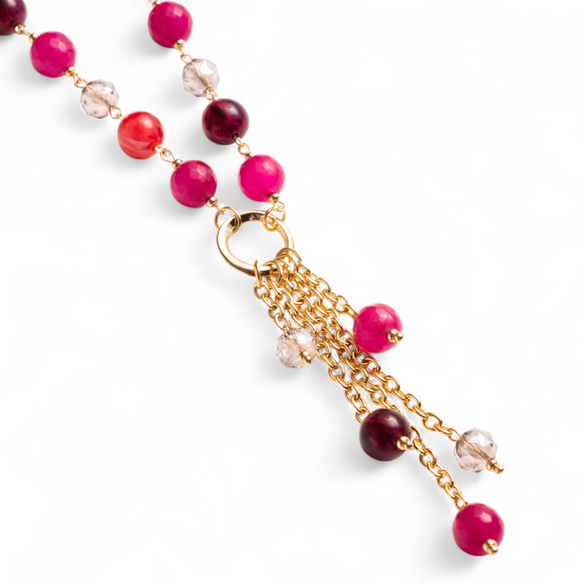 Collana lunga con pietre semidure e vetro tono fucsia con pendente - Mya Accessories