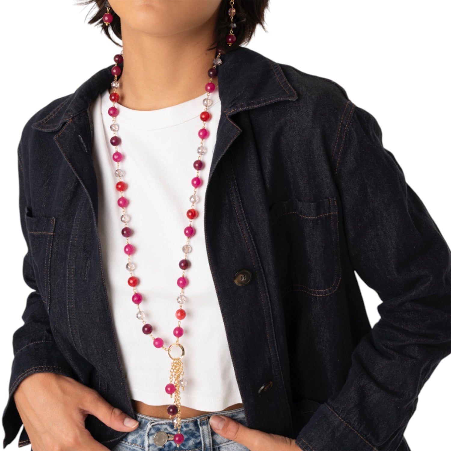 Collana lunga con pietre semidure e vetro tono fucsia con pendente - Mya Accessories