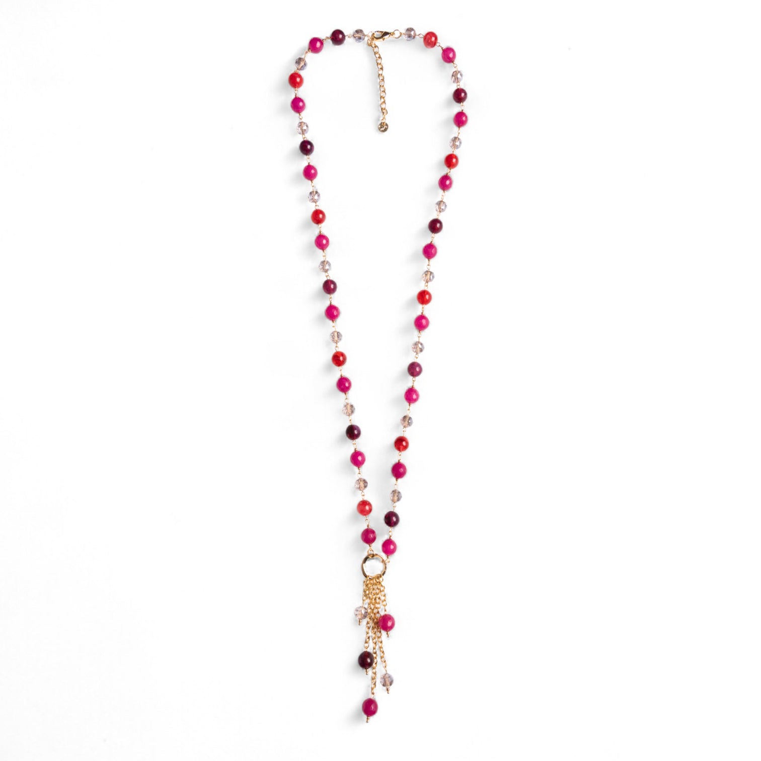 Collana lunga con pietre semidure e vetro tono fucsia con pendente - Mya Accessories