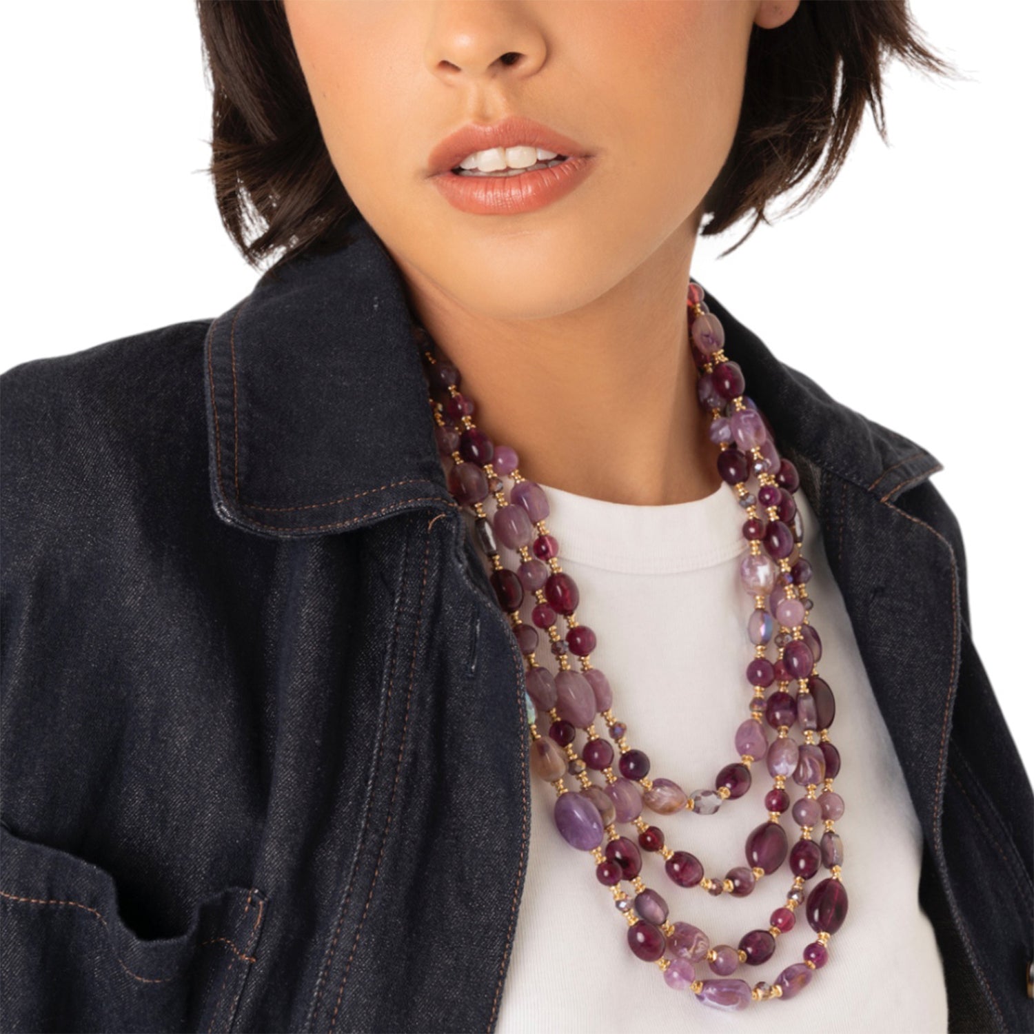 Collana girocollo a quattro linee con pietre in acrilico e vetro viola - Mya Accessories