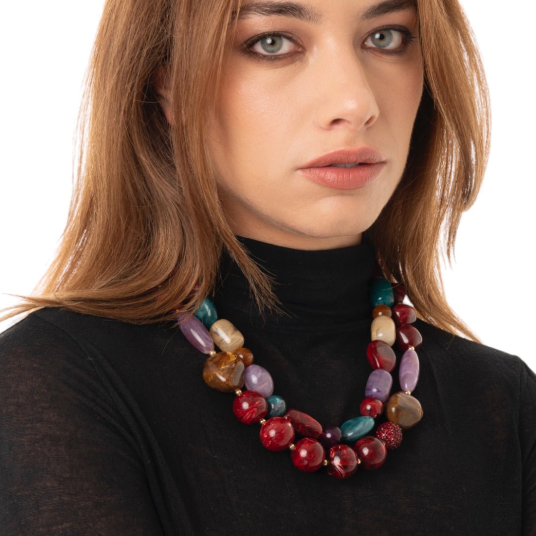 Collana girocollo doppio filo con pietre in vetro ed acrilico multi rosse - Mya Accessories