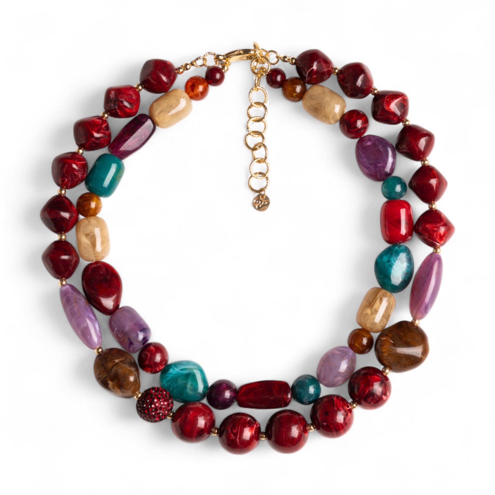 Collana girocollo doppio filo con pietre in vetro ed acrilico multi rosse - Mya Accessories
