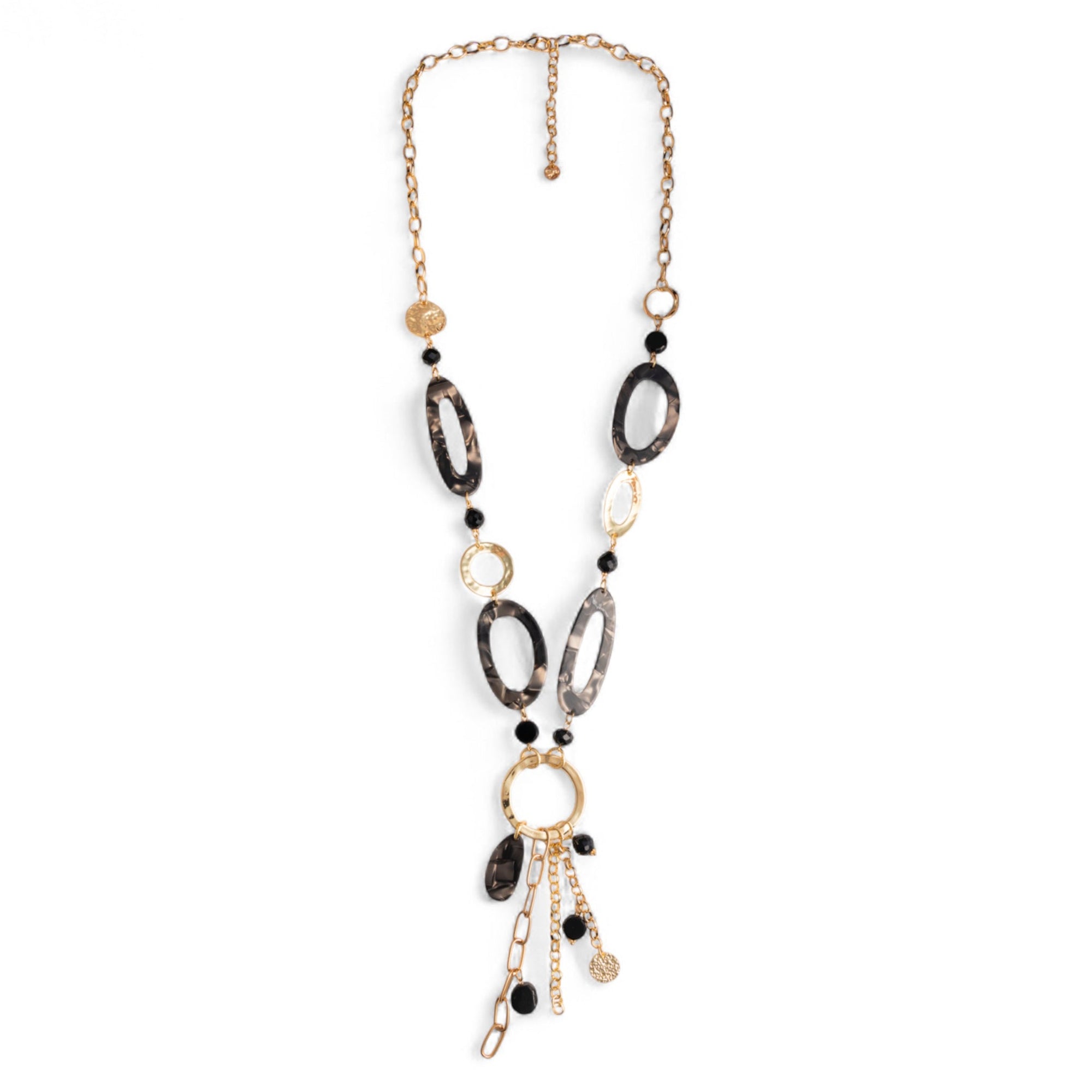 Collana lunga a catena con inserti e pendente in acrilico e vetro tono nero - Mya Accessories