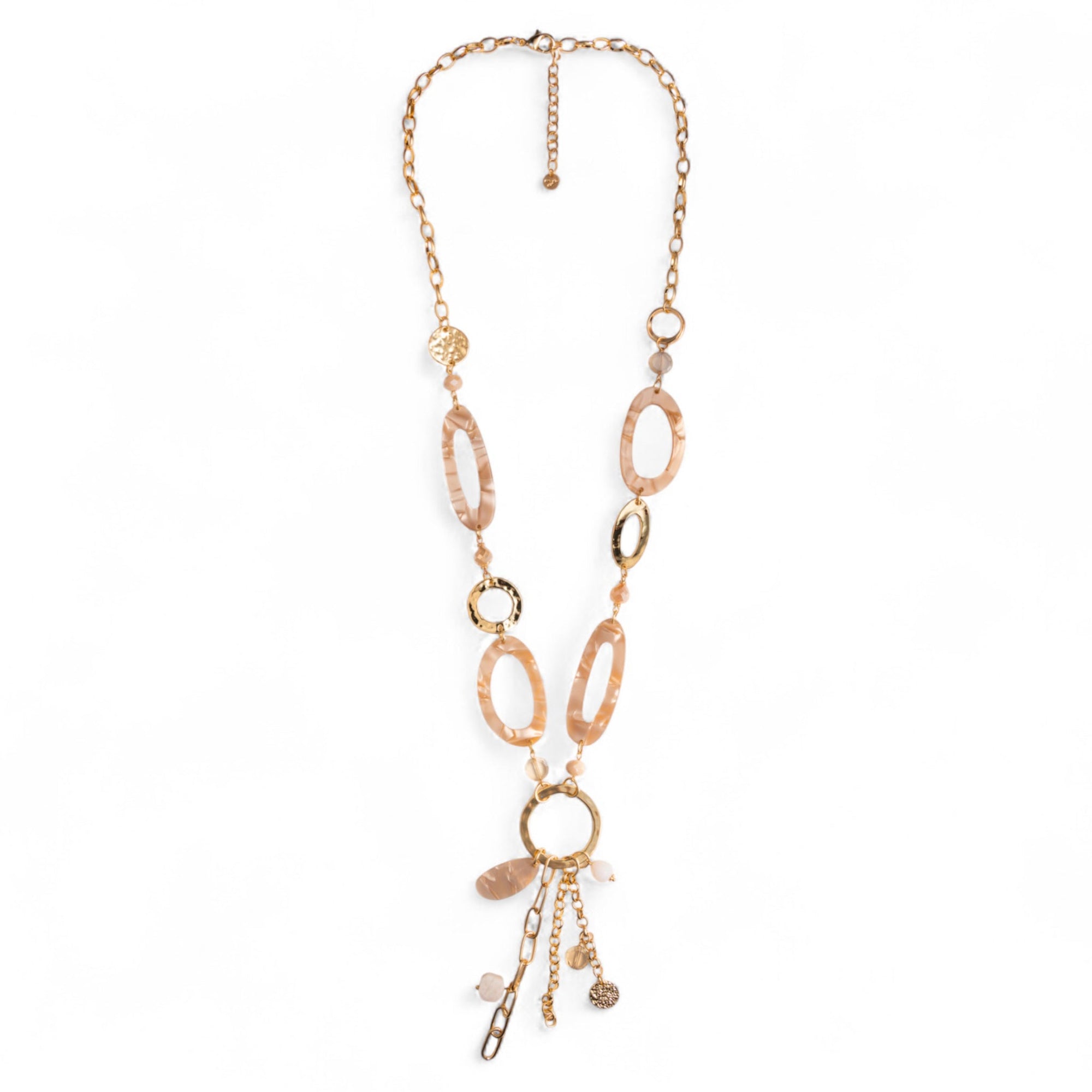 Collana lunga a catena con inserti e pendente in acrilico e vetro tono beige - Mya Accessories
