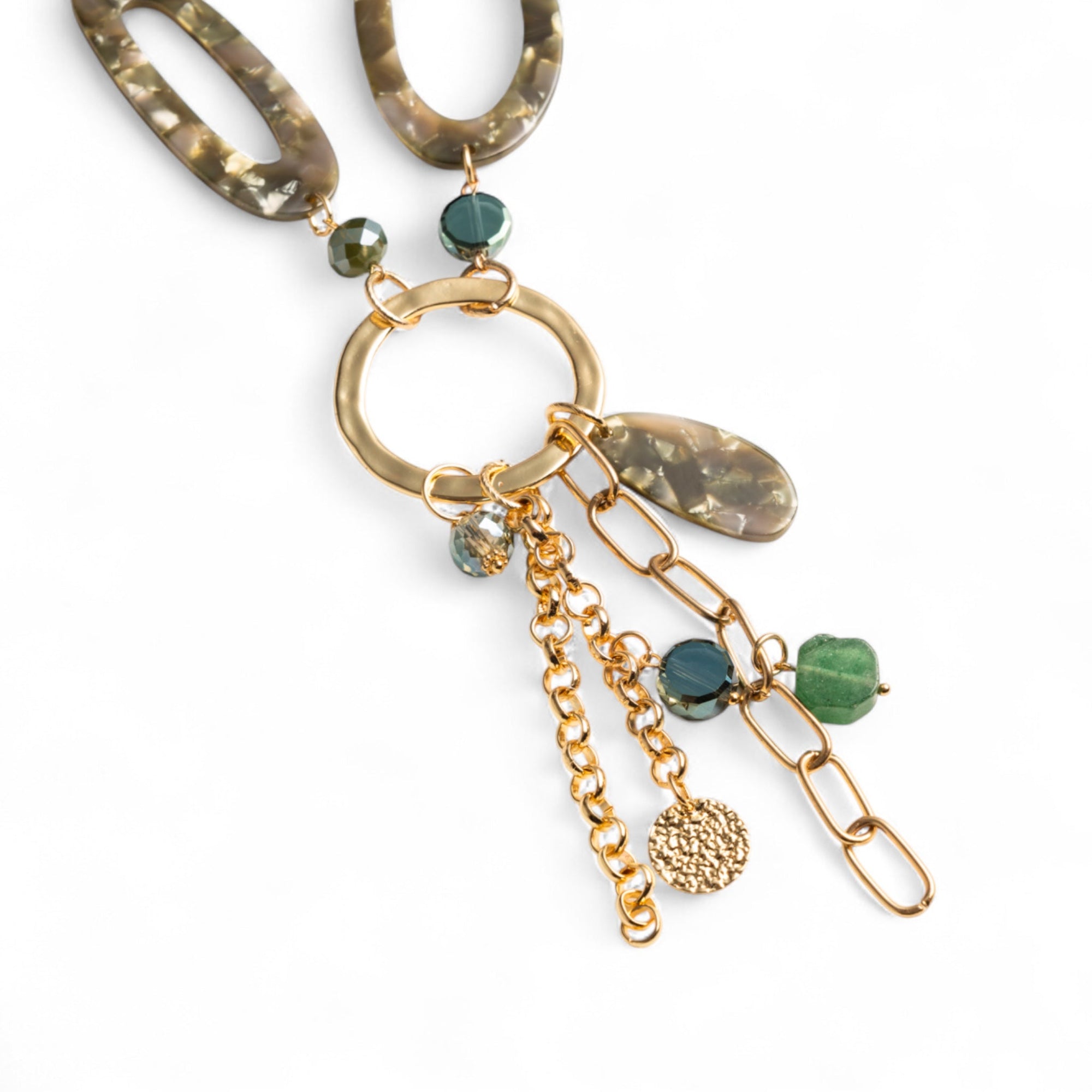 Collana lunga a catena con inserti e pendente in acrilico e vetro tono verde - Mya Accessories