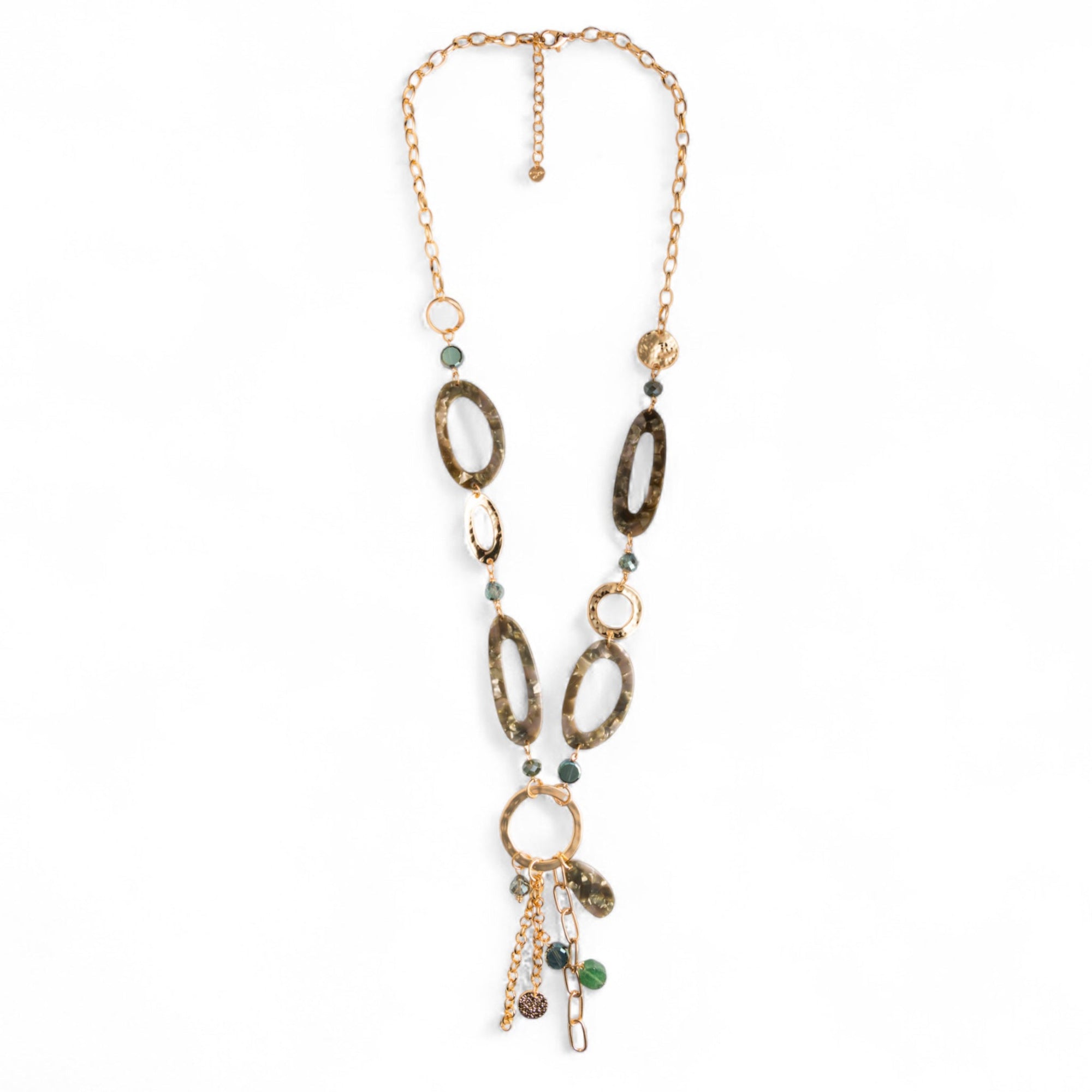 Collana lunga a catena con inserti e pendente in acrilico e vetro tono verde - Mya Accessories