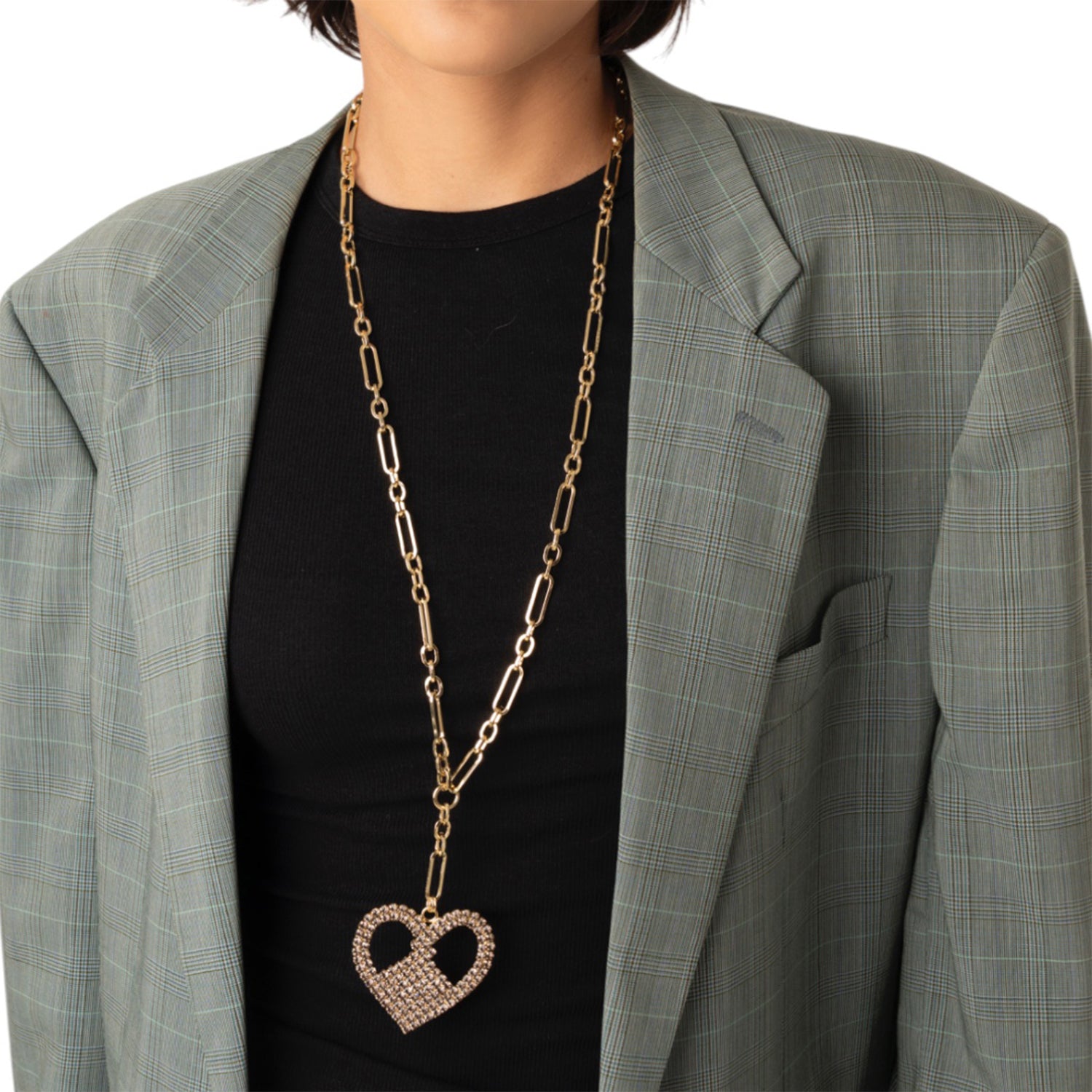 Collana lunga a catena con pendente a forma di cuore strass grigio - Mya Accessories