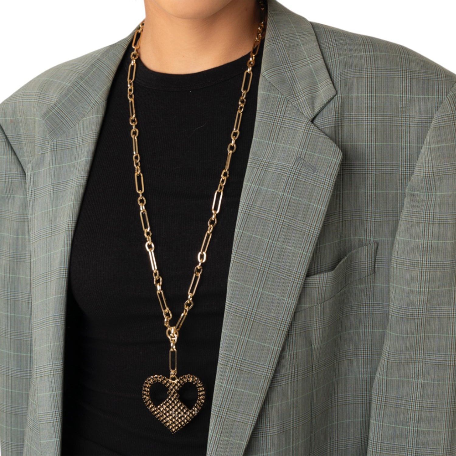 Collana lunga a catena con pendente a forma di cuore strass nero - Mya Accessories