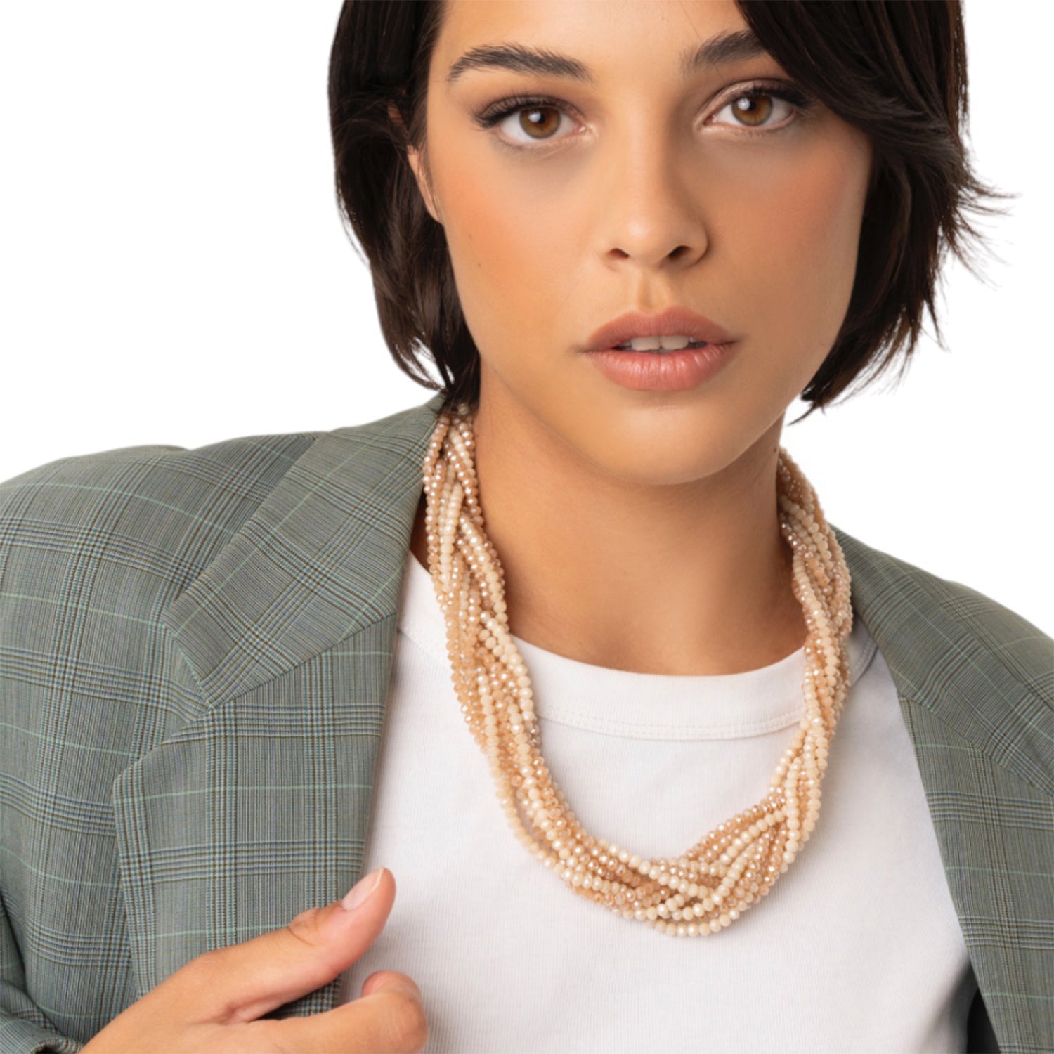 Collana girocollo con design a treccia, microcristalli tono beige - Mya Accessories