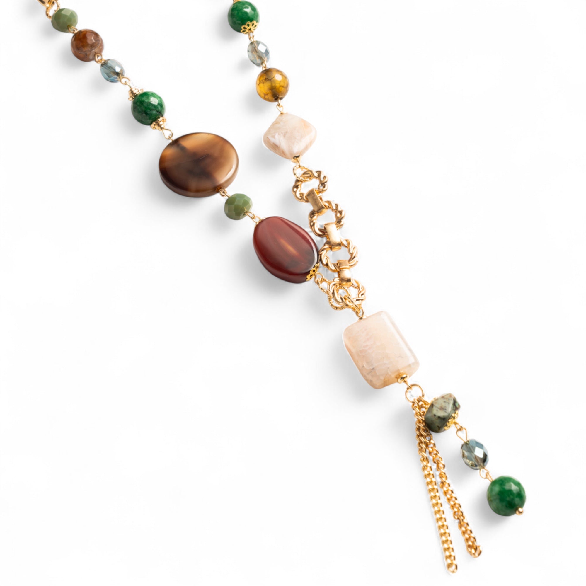 Collana lunga a catena con pietre semidure e vetro tono verde - Mya Accessories