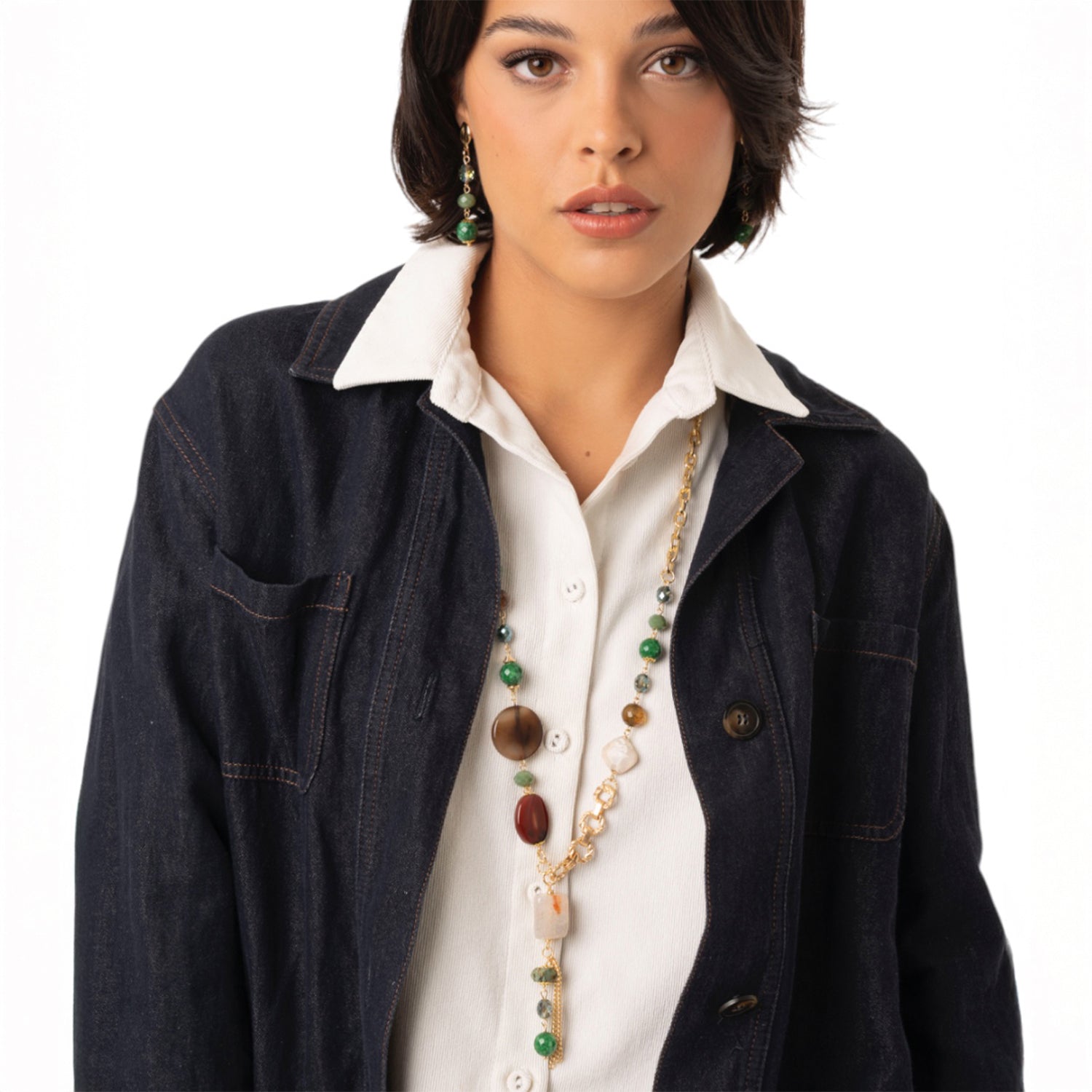Collana lunga a catena con pietre semidure e vetro tono verde - Mya Accessories