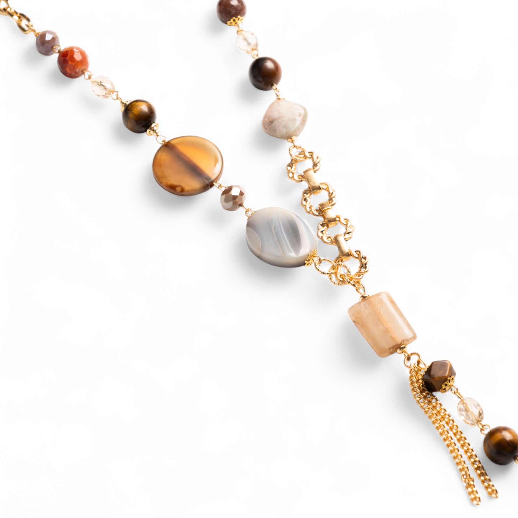 Collana lunga a catena con pietre semidure e vetro tono beige - Mya Accessories