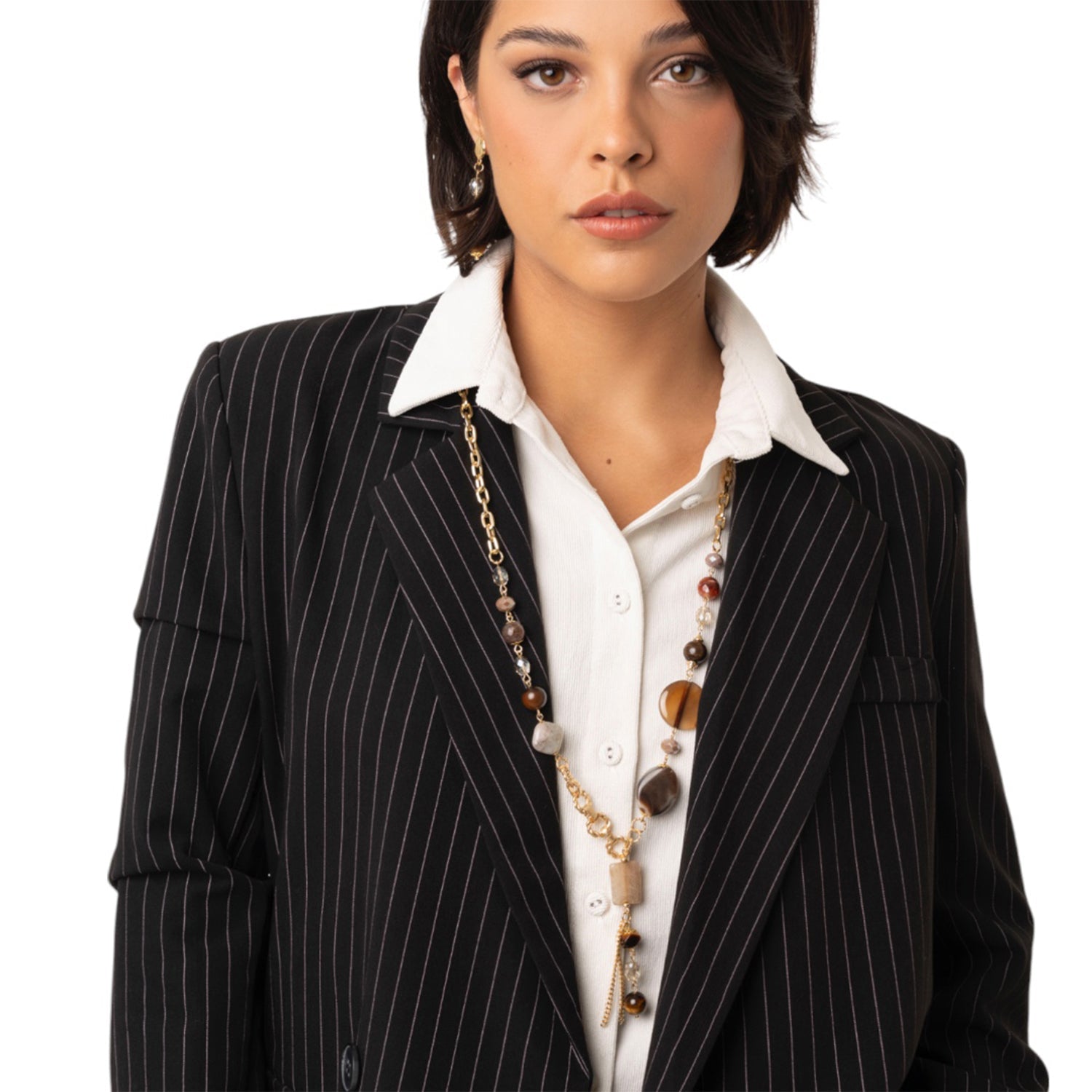 Collana lunga a catena con pietre semidure e vetro tono beige - Mya Accessories