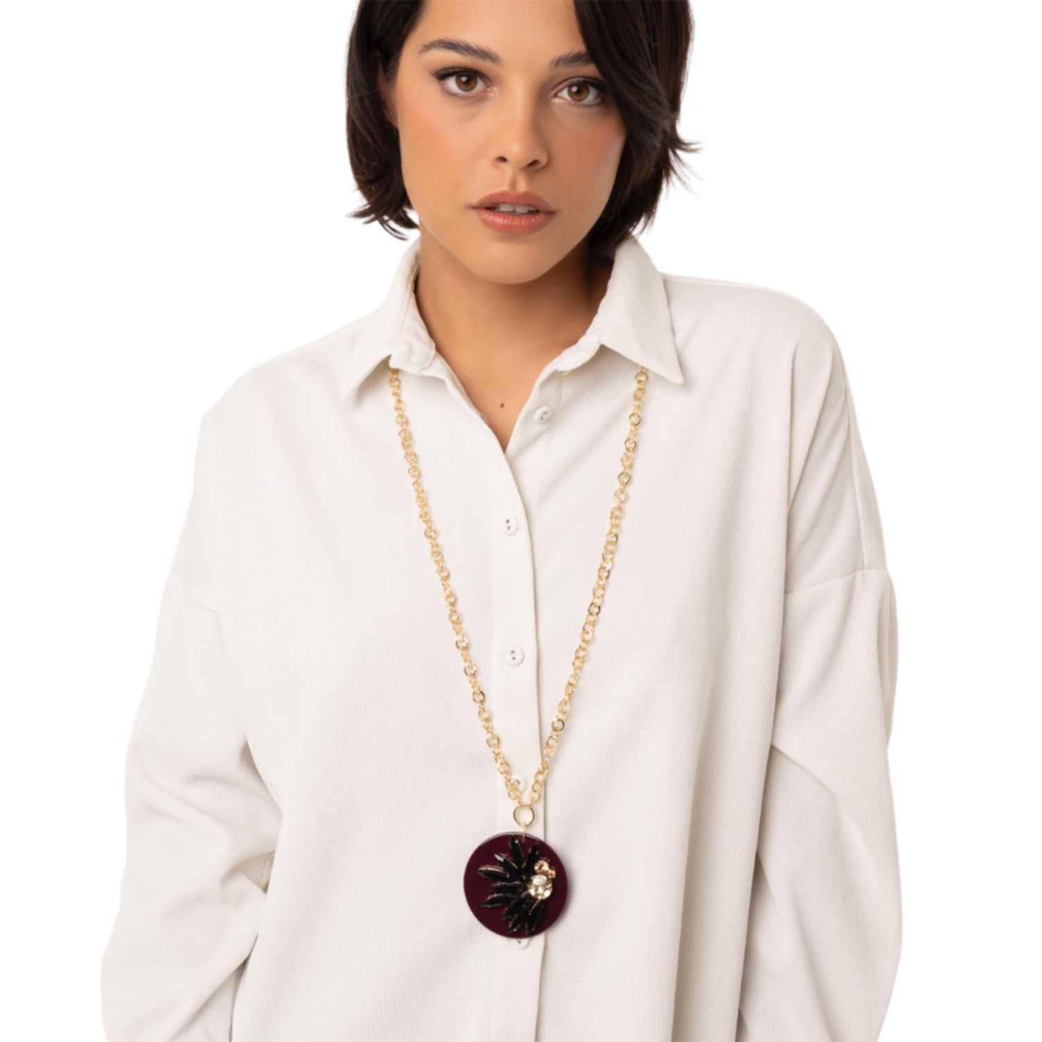 Collana lunga a catena con pendente circolare in acrilico viola e pietre in vetro nere - Mya Accessories