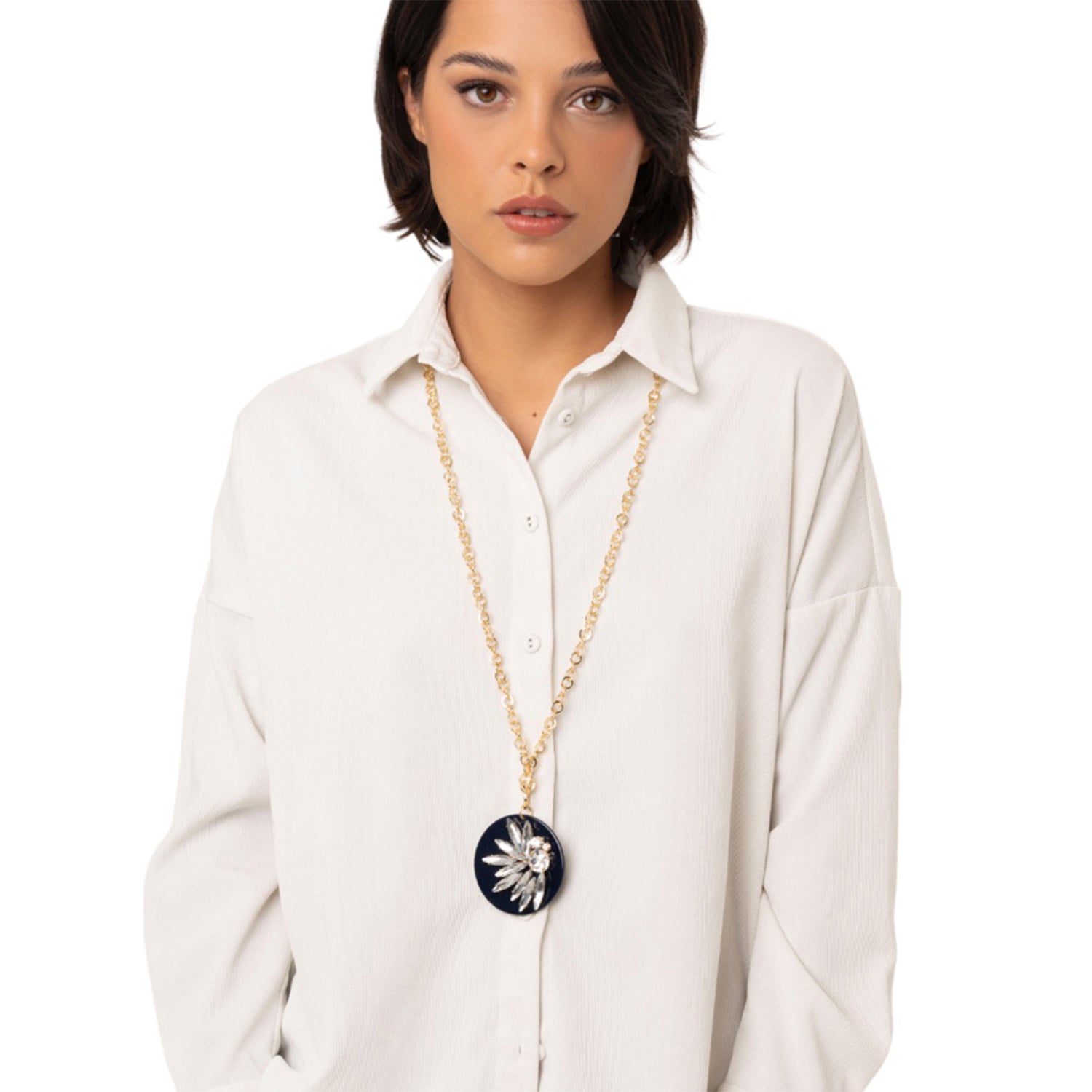 Collana lunga a catena con pendente circolare in acrilico nero e pietre in vetro crystal - Mya Accessories