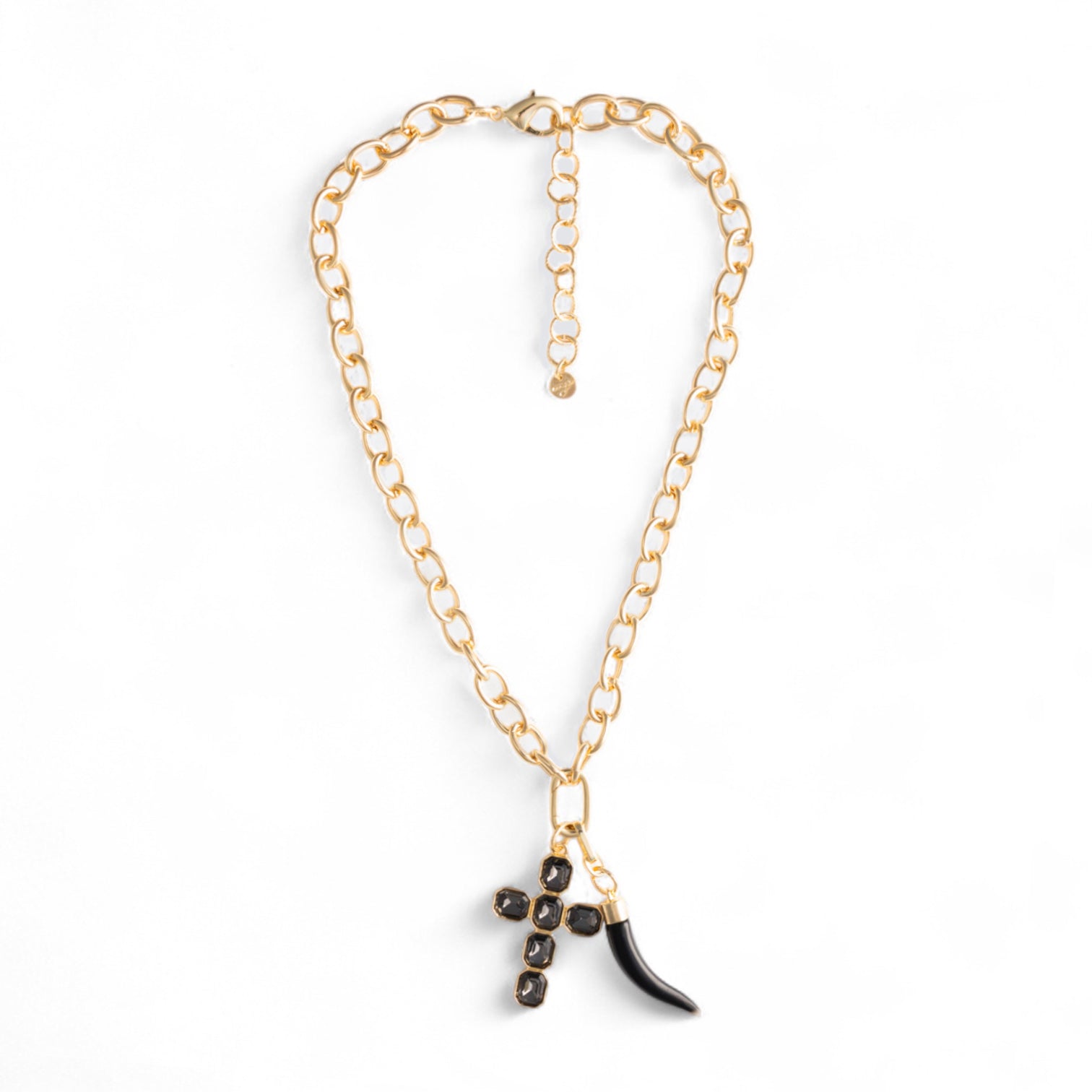 Collana girocollo a catena con pendente corno in resina e croce con pietre in vetro nero - Mya Accessories