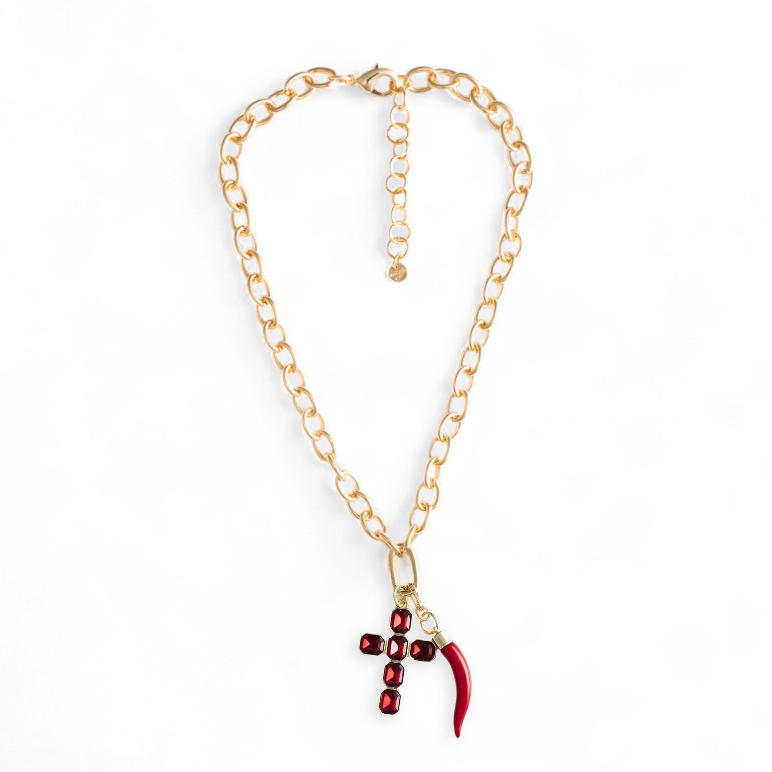 Collana girocollo a catena con pendente corno in resina e croce con pietre in vetro rosso - Mya Accessories