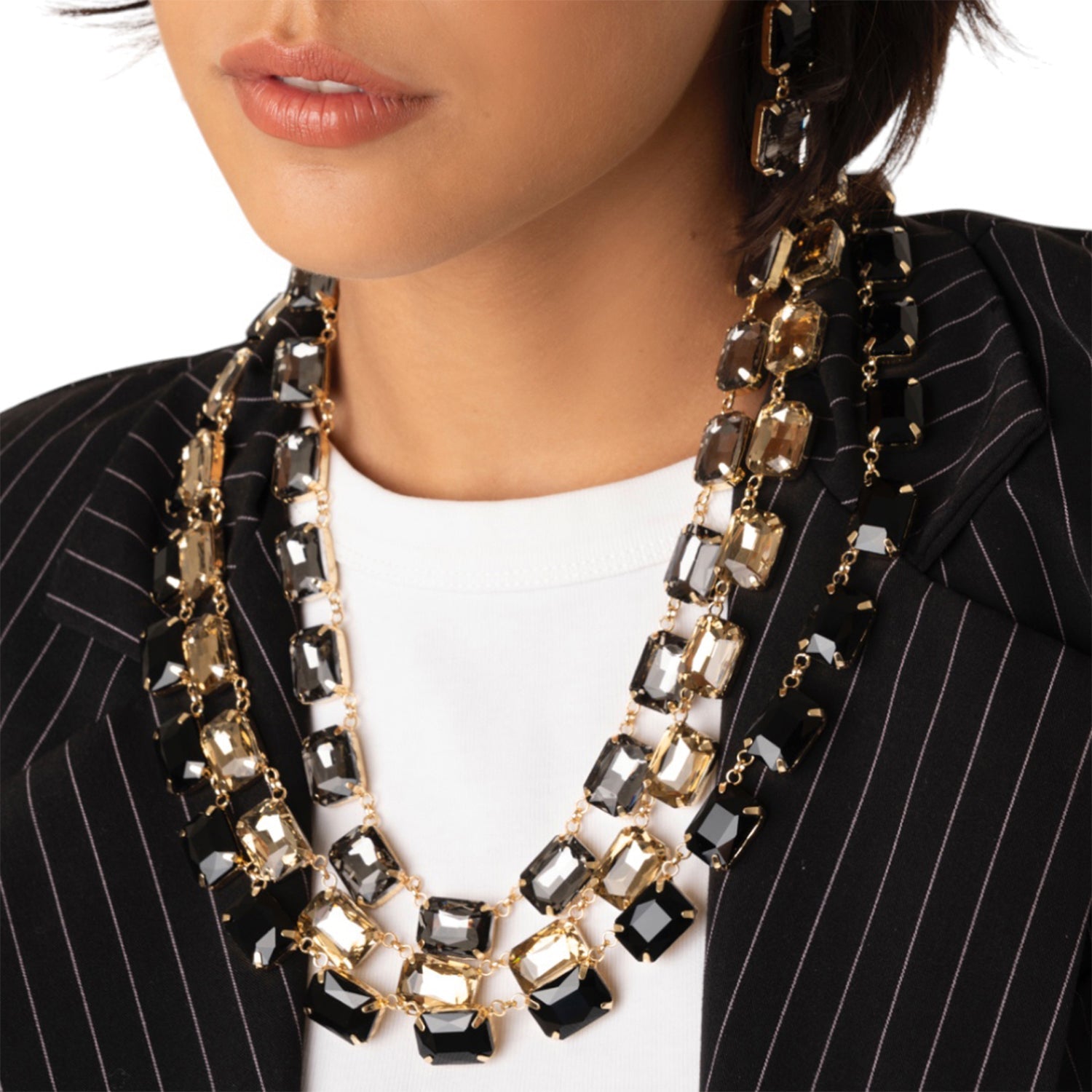 Collana girocollo a tre linee con pietre in vetro sui toni del nero, grigio e topazio - Mya Accessories