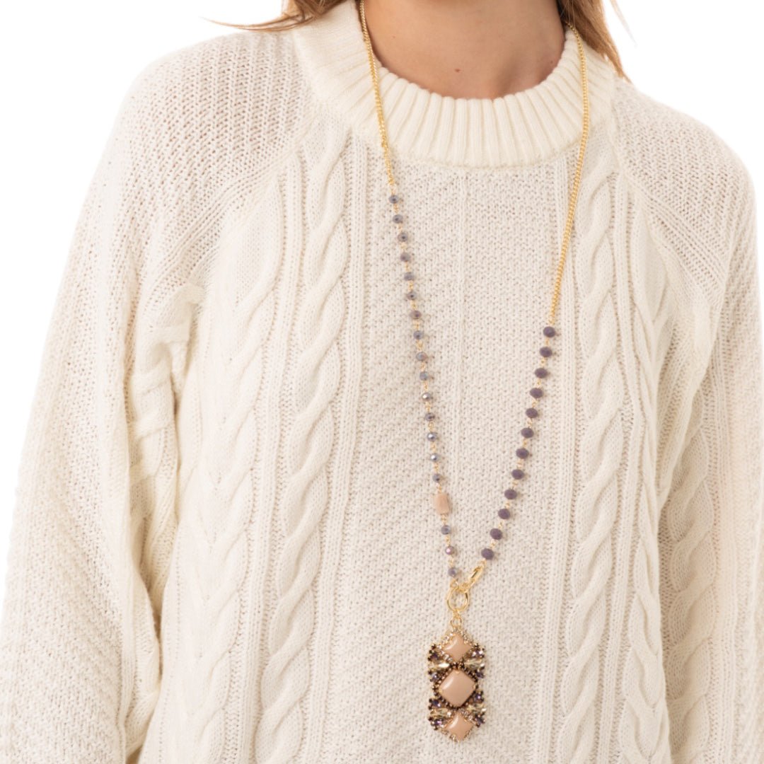 Collana lunga a catena con pendente in vetro beige e lilla - Mya Accessories
