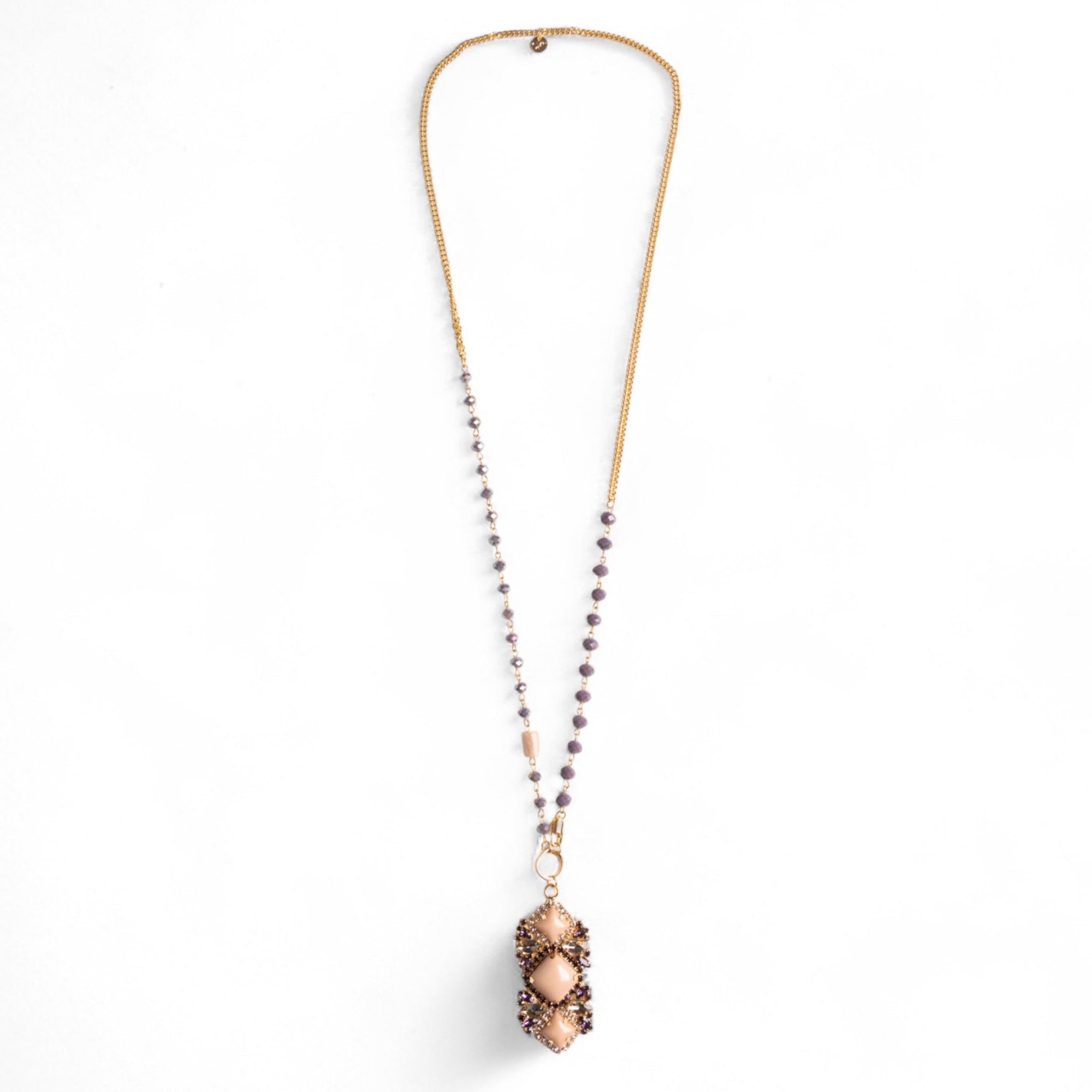 Collana lunga a catena con pendente in vetro beige e lilla - Mya Accessories