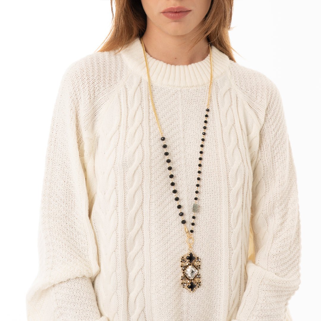 Collana lunga a catena con pendente in vetro nero e grigio - Mya Accessories