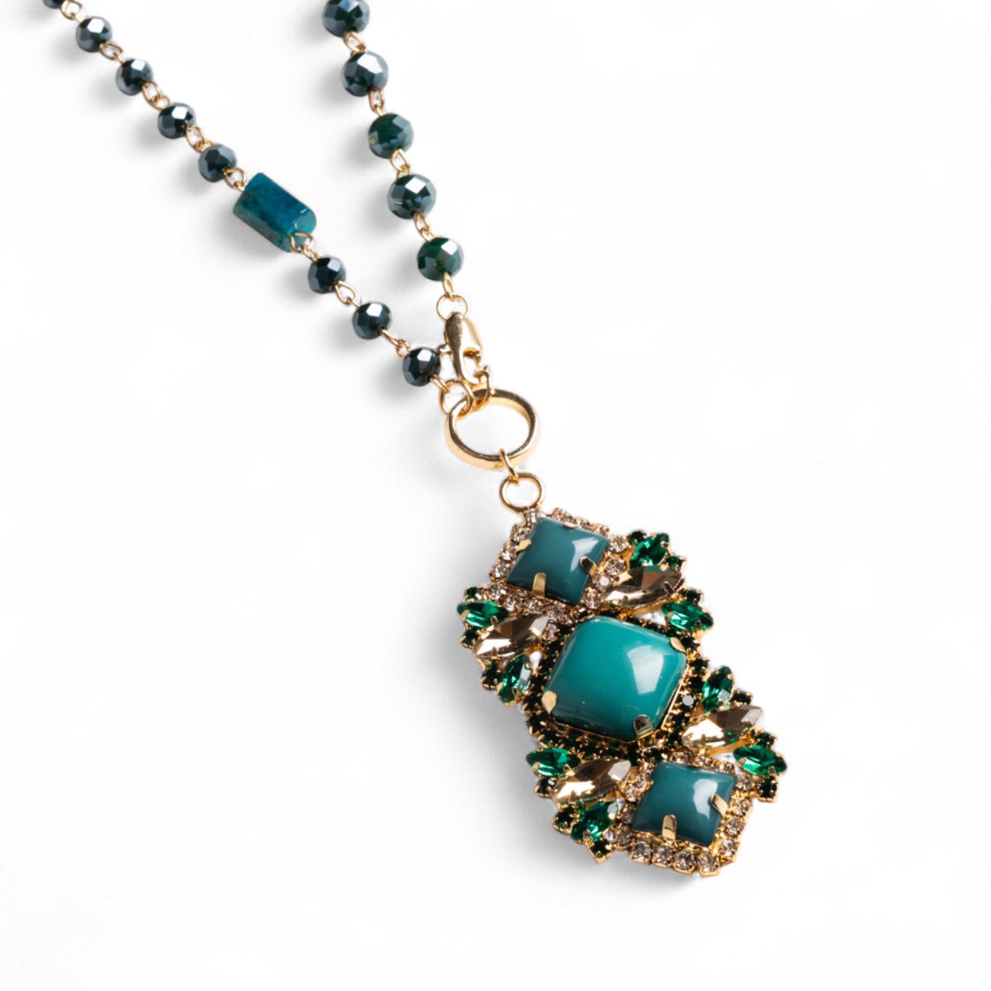 Collana lunga a catena con pendente in vetro verde petrolio - Mya Accessories