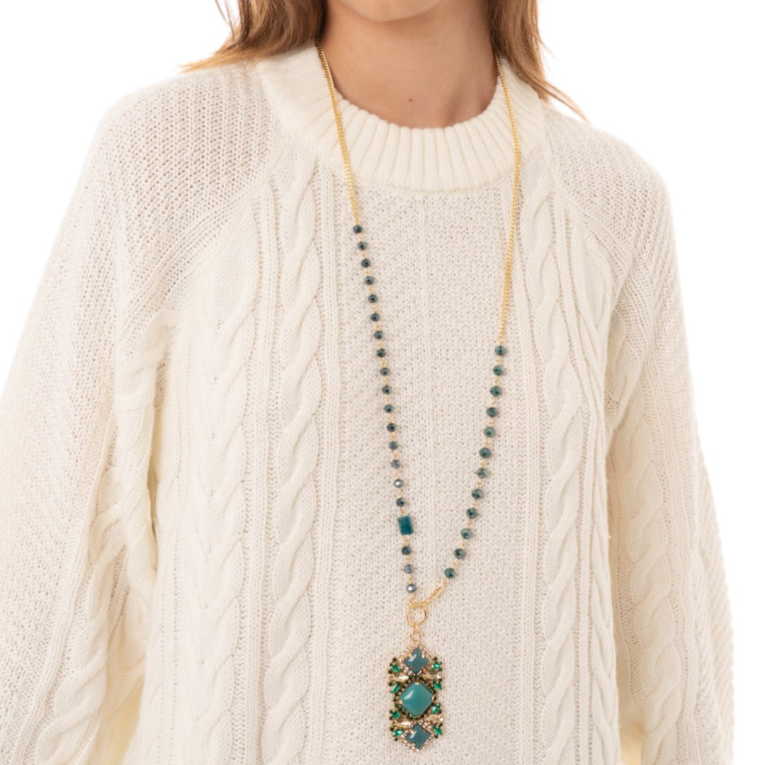 Collana lunga a catena con pendente in vetro verde petrolio - Mya Accessories