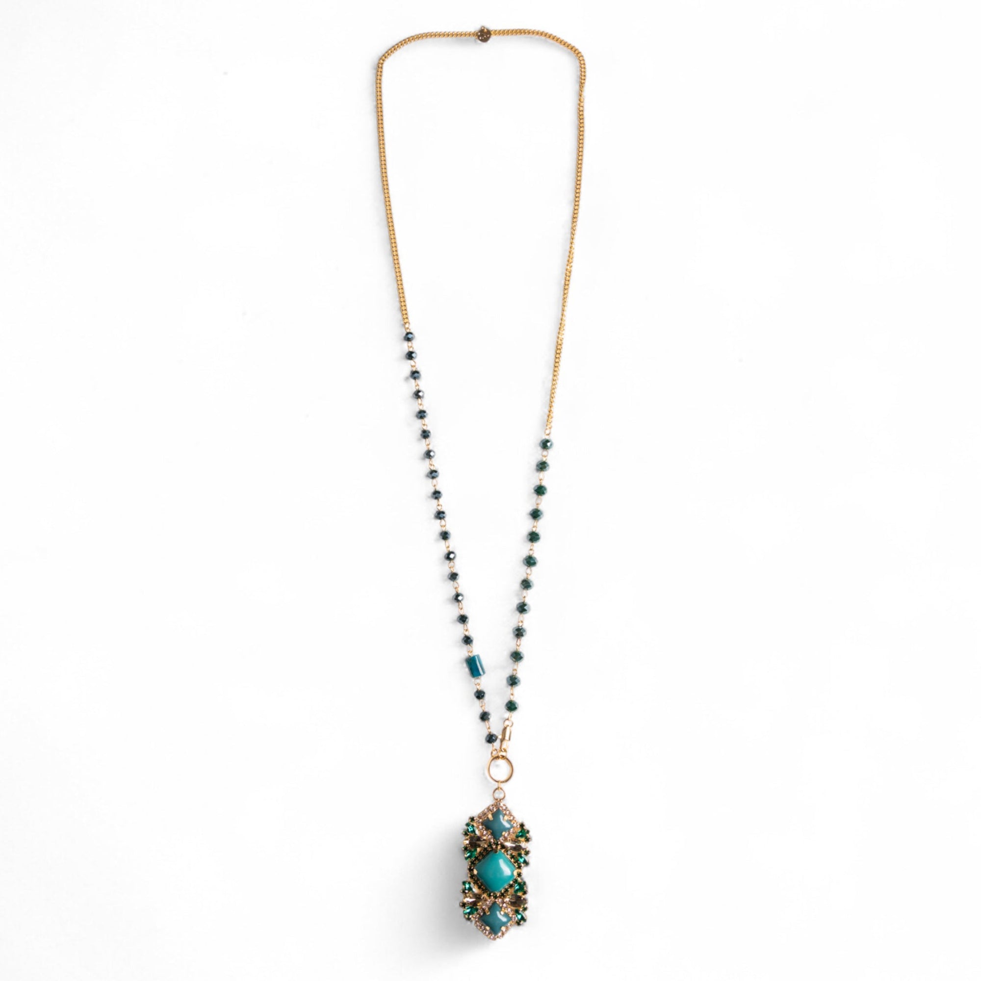 Collana lunga a catena con pendente in vetro verde petrolio - Mya Accessories