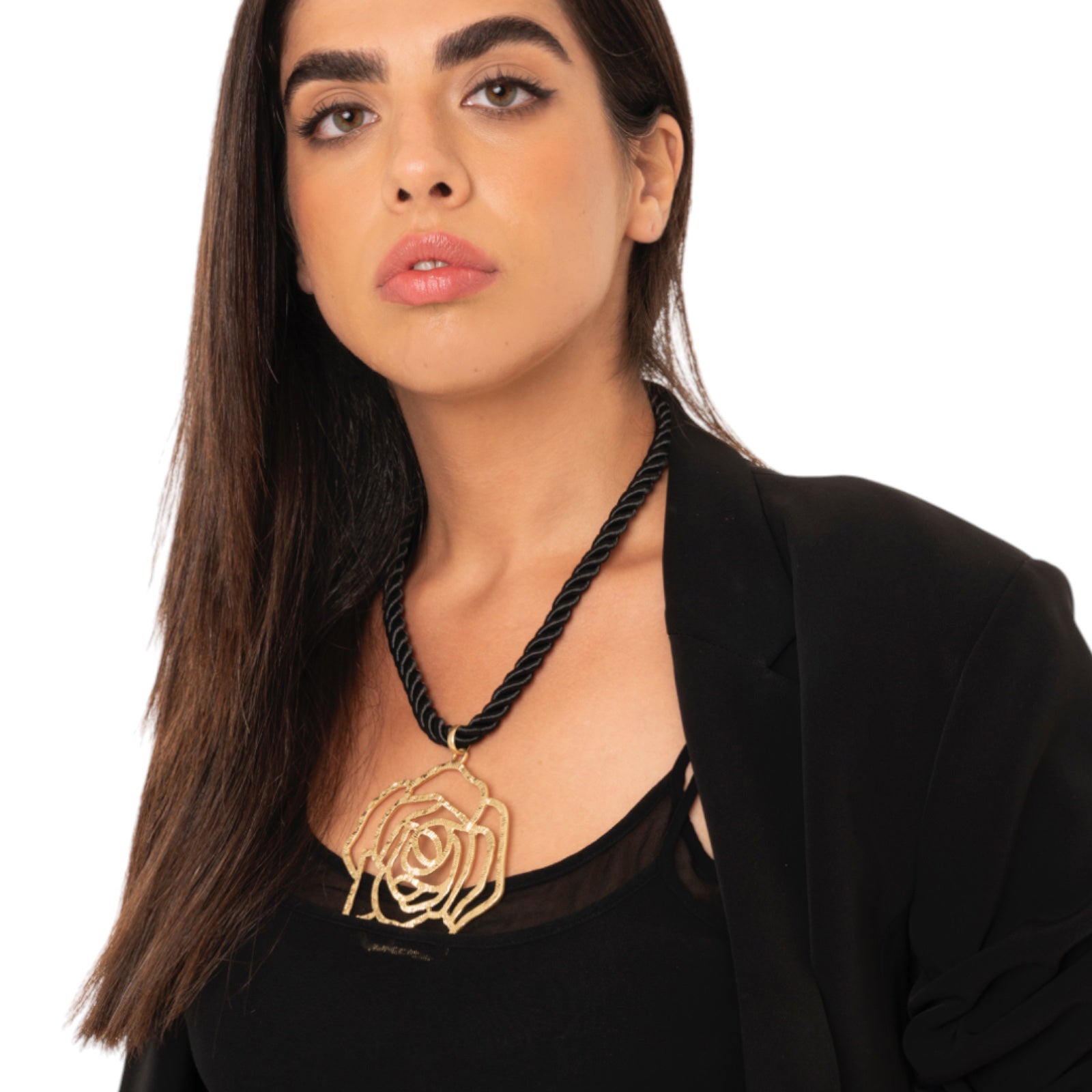 Collana girocollo a laccio nero con pendente a forma di rosa in metallo satinato - Mya Accessories