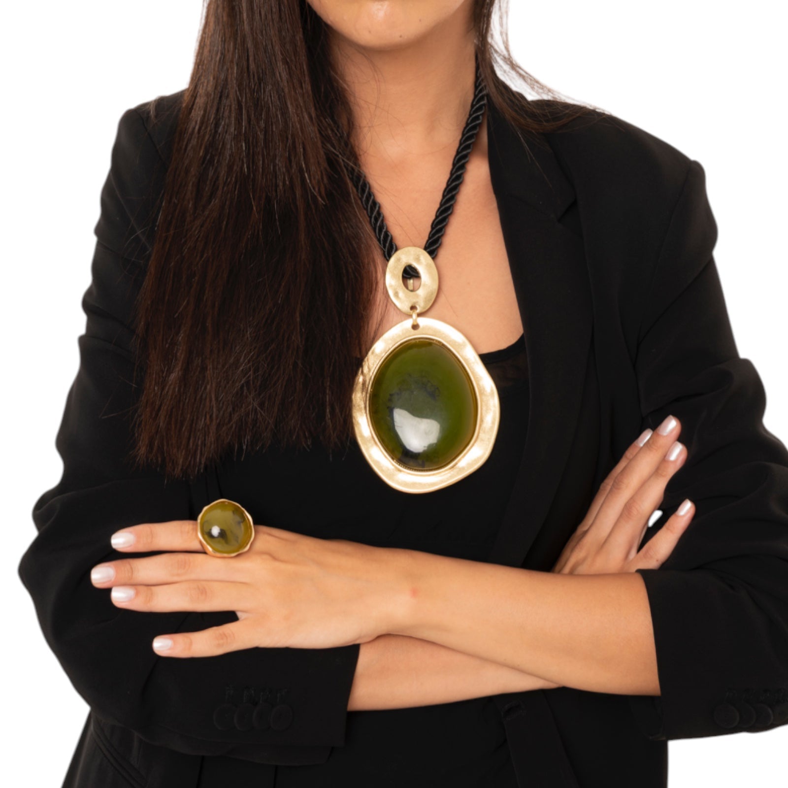 Collana girocollo a laccio nero con pendente a medaglione con pietra in resina verde - Mya Accessories