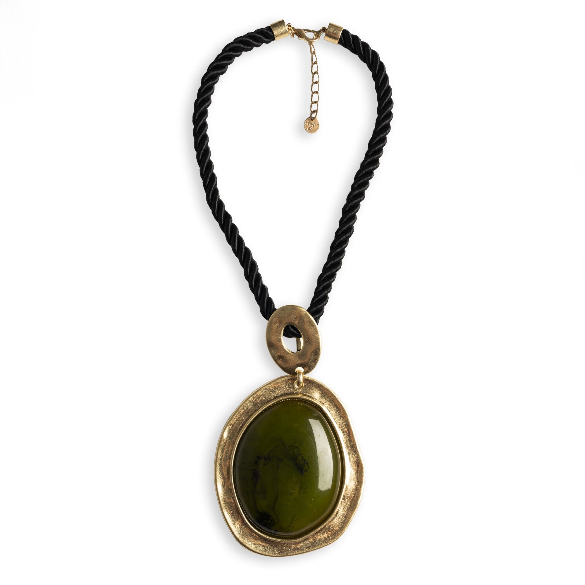 Collana girocollo a laccio nero con pendente a medaglione con pietra in resina verde - Mya Accessories