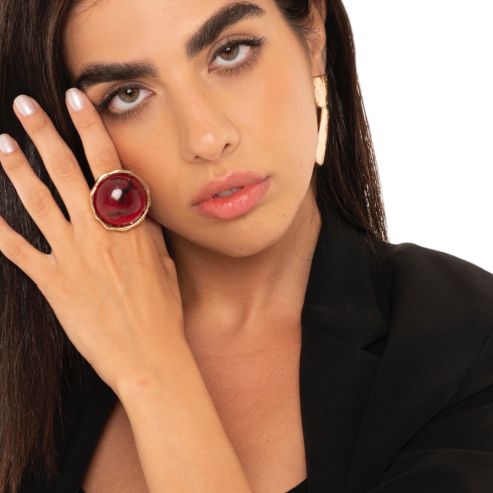 Anello in metallo elastico, con pietra circolare in resina bordeaux - Mya Accessories