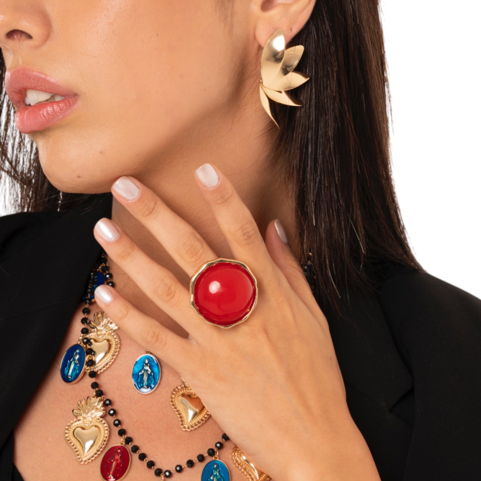 Anello in metallo elastico, con pietra circolare in resina rossa - Mya Accessories