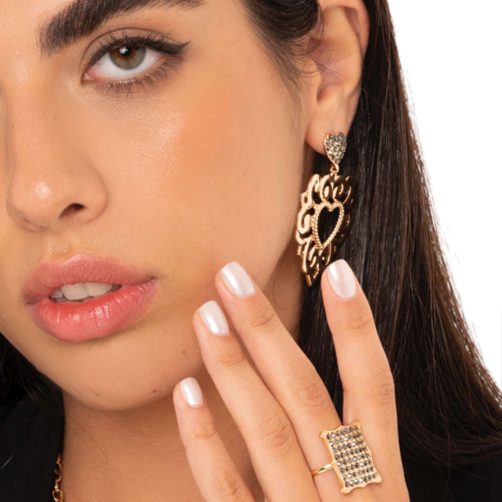 Anello regolabile in metallo a base quadrata con pietre in vetro grigie - Mya Accessories